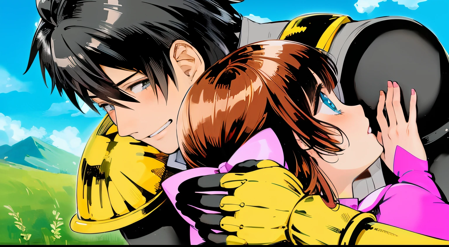 Black hair man hugging girl,  de cabelo castanho, blue sky and plants background, brothers hugging, sentimental, respect the characters’ traits