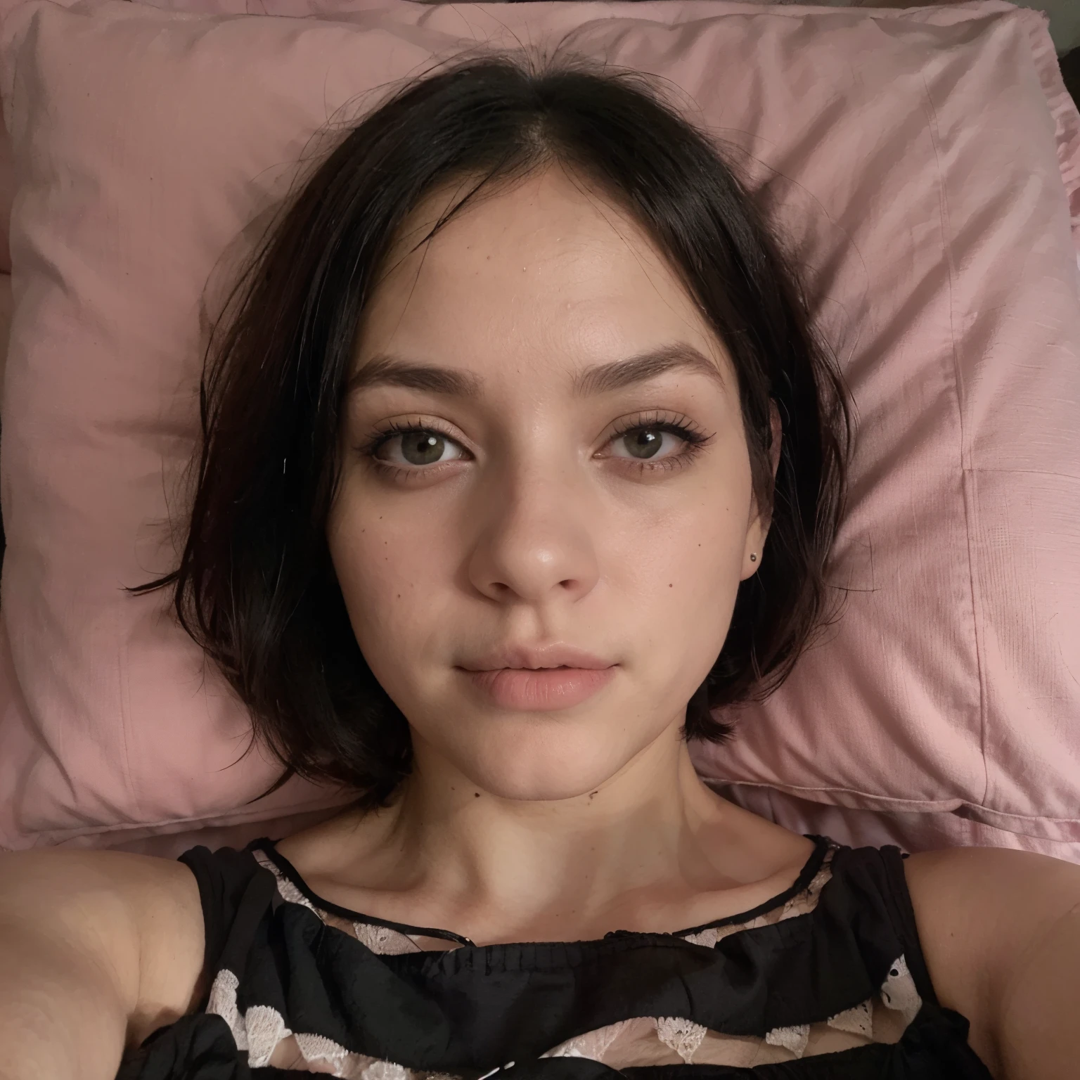 Mujer, pale-skin, ((cabello negro corte BOB)), square jaw. Foto selfie. ((Escenario nocturno)). ((Encuadre 2/3)). ((Totalmente acostada en cama)). ((Cabeza en una almohada rosa)). ((Pijama color rosa)). ((Photo size large))