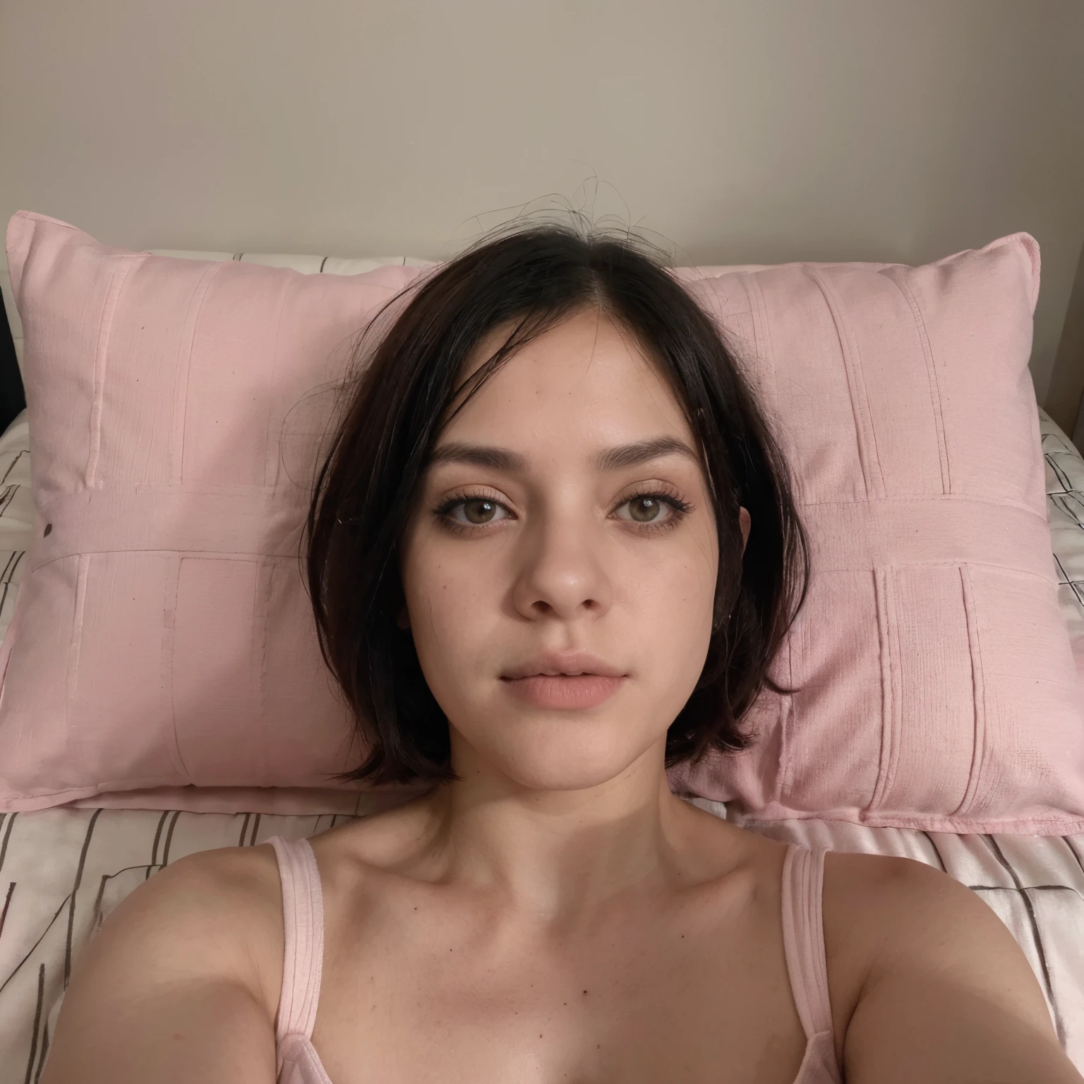 ((Mejor calidad)), ((Obra maestra)), (detallado), cara perfecta, woman waking up from bed, room, dimly lit room, face only photo, disheveled hair, real, great detail