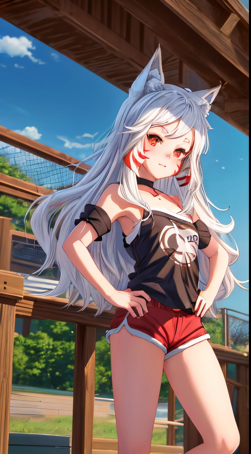 (best quality), (ultra-detailed), (best illustration), (masterpiece), 1girl, solo, shiro, fox ears, fox tail, white hair, red eyes, red cheek stripes, (short shorts), tube top,