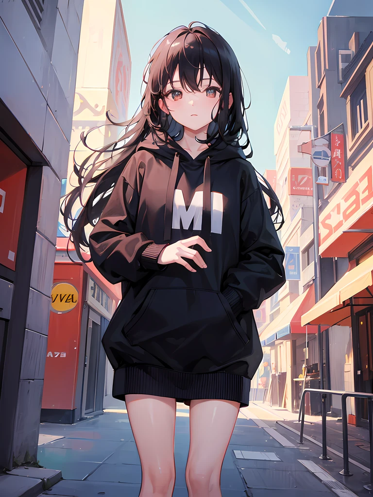 1girl, long black hair, brown eyes, wearing black hoodie, leggings, city absurdres, high res, ultrasharp, 8K, masterpiece, looking at viewer