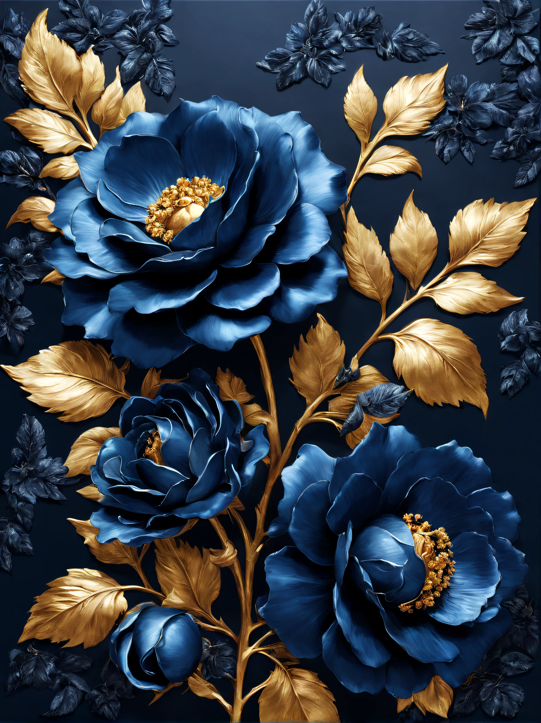 (Blue temptation rose poster made of metal）, Each metallic blue enchantress flower has cascading petals， Blue shells，Rich metallic texture，they are dark blue，Like the night sky and the deep sea，Has an attractive metallic luster，silver leaf made of platinum，gaps between petals，Capturing light and shadow, gold flowers, helianthus flowers, golden rose, flowers and gold, (Gold-plated embossing: 1.5), 
Detailed flower, Gorgeous flowers,,intricate flowers, Messy golden leaf flowers, 8K detailed oil painting, Stunning and detailed, gilded. flowers blooming, baroque element, Fine workmanship，retro punk style background：blue velvet cloth，It gives a feeling of nobility、mystical feeling。