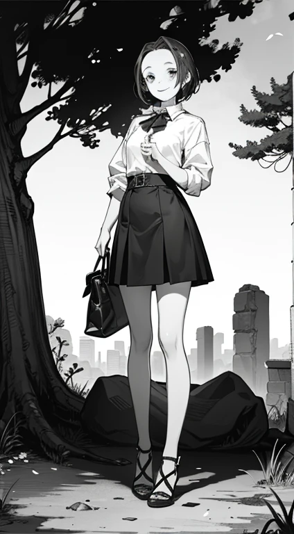 (background ancient ruins), original,(illustration:1.2 black and white),(best quality), (masterpiece:1.2), (extremely detailed 8k wallpaper of the unit, black and white image, made in HB graphite pencils,(full body:1.05), (splashes),((GRAFFITI)), sharp focus, 1 girl standing with notebook in her hands, (flowers, woods), outdoors, stones, make happy expressions, soft, pure smile, beautiful and detailed face and eyes, short hair, soft face, forehead