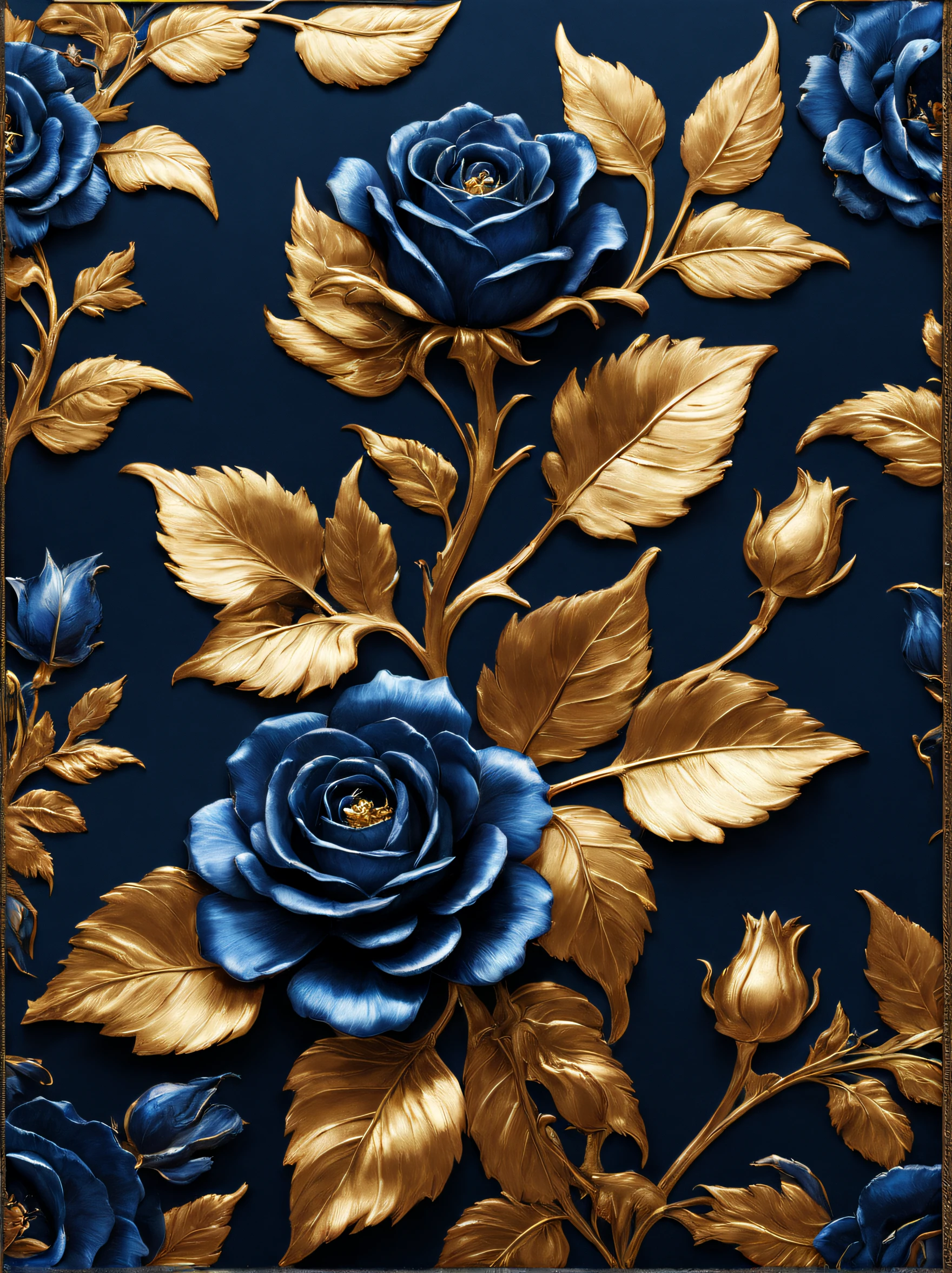 (Blue temptation rose poster made of metal）, Each metallic blue enchantress flower has cascading petals， Blue shells，Rich metallic texture，they are dark blue，Like the night sky and the deep sea，Has an attractive metallic luster，silver leaf made of platinum，gaps between petals，Capturing light and shadow, gold flowers, helianthus flowers, golden rose, flowers and gold, (Gold-plated embossing: 1.5), 
Detailed flower, Gorgeous flowers,,intricate flowers, Messy golden leaf flowers, 8K detailed oil painting, Stunning and detailed, gilded. flowers blooming, baroque element, Fine workmanship，retro punk style background：blue velvet cloth，It gives a feeling of nobility、mystical feeling。