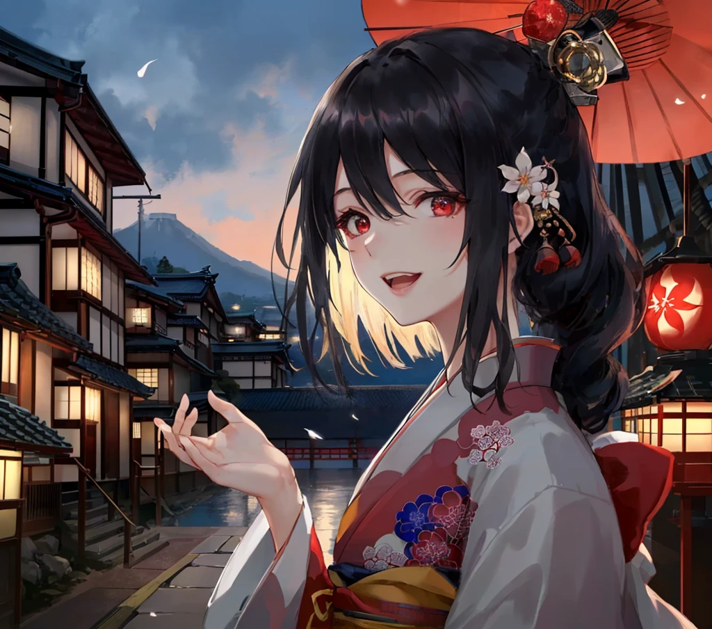 Official Art, Masterpiece, Sharp Focus, (Beautiful Gorgeous Cute Japan Woman:1.3), (Beautiful Cute Japan Woman:1.3), Japan Beauty, Delicate Beautiful Hair and Eyes and Face, Realistic, Ultra Detailed, Beautiful Girl, Blue Sky, Glow White Particles, (Side Light:1.2), Sunshine, White Clouds, Fine Clouds, Slender, Adorable Breasts and Waist, Show Your Teeth and Smile, ((Laugh with Eyes, Open Both Eyes )), landscape, long straight hair, sexy look, buildings, (cityscape: 1.3), night, dynamic hair, long straight hair, elaborate platinum black hair, shining red eyes, (red oiran costume), white skin, hair ornament, magnificent landscape,