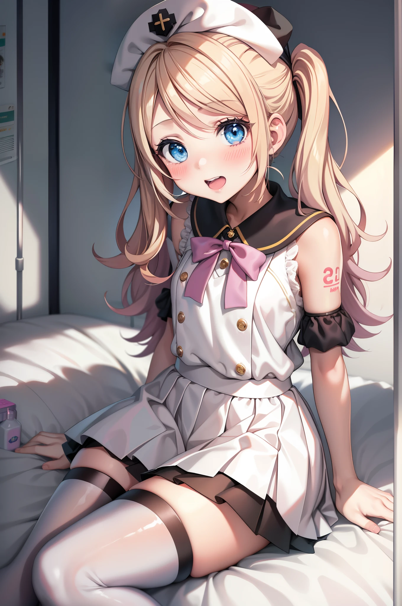 Kagamine rin , 1girl, traje de enfermera, Gorra de enfermera, Desgaste blanco, ((Legwear blanco, Zettai Ryouiki)), Guantes blancos, cabello rubio, ojos azules, labios rosados, They are smiling, En pie, ((hospital room)), sharp outline, manga corta, La mejor calidad, Obra maestra