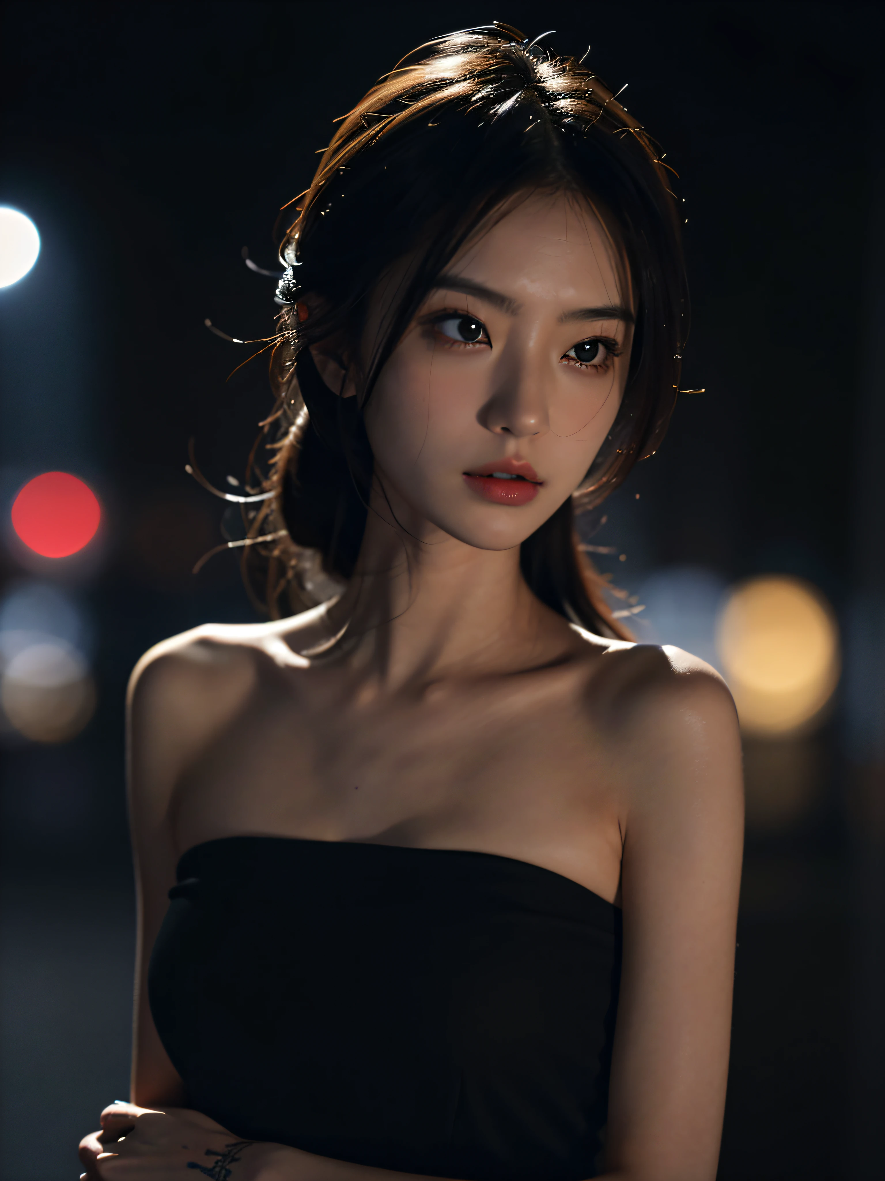 best qualtiy,tmasterpiece,超高分辨率,(真实感:1.4),RAW photogr,1girl,cropped shoulders,in the darkness nigth,deep shading,low tune,cold light,TATTOO