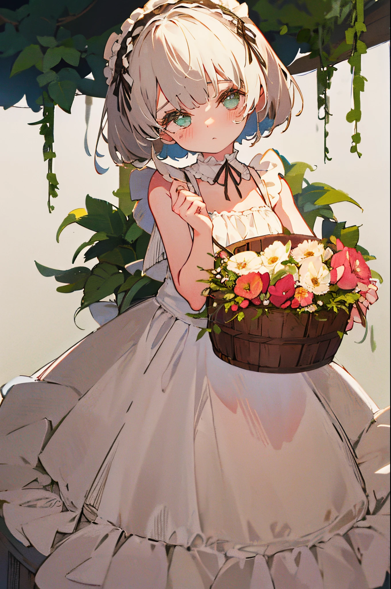 1800s milk maid girl, dramatic lighting, carrying milk, cute petticoat and farm dress, innocent face, short hair, grass field, carrying bucket