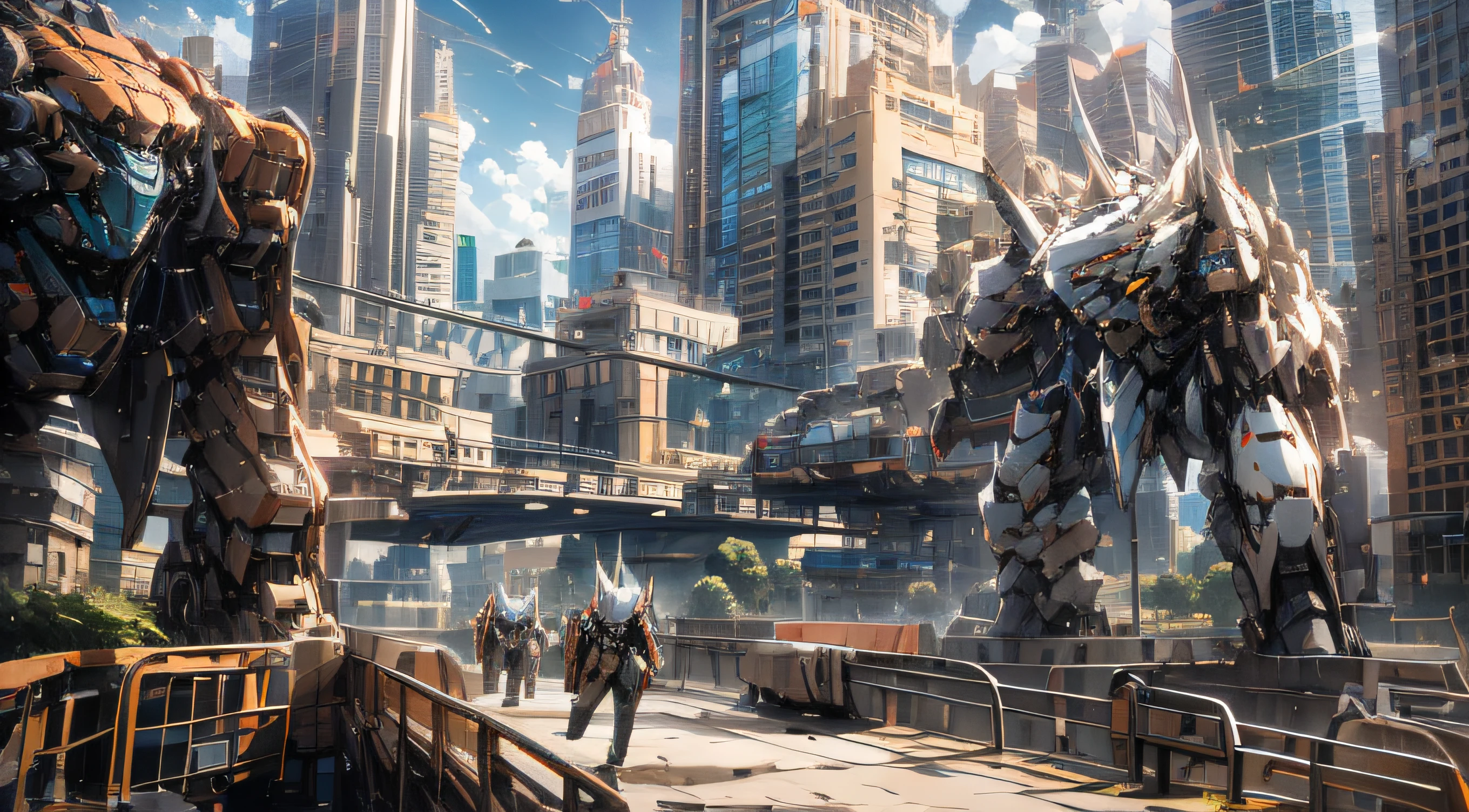 (scenery),(2 mecha army leaders standing on the bridge),(below is the mecha army),(in the city)