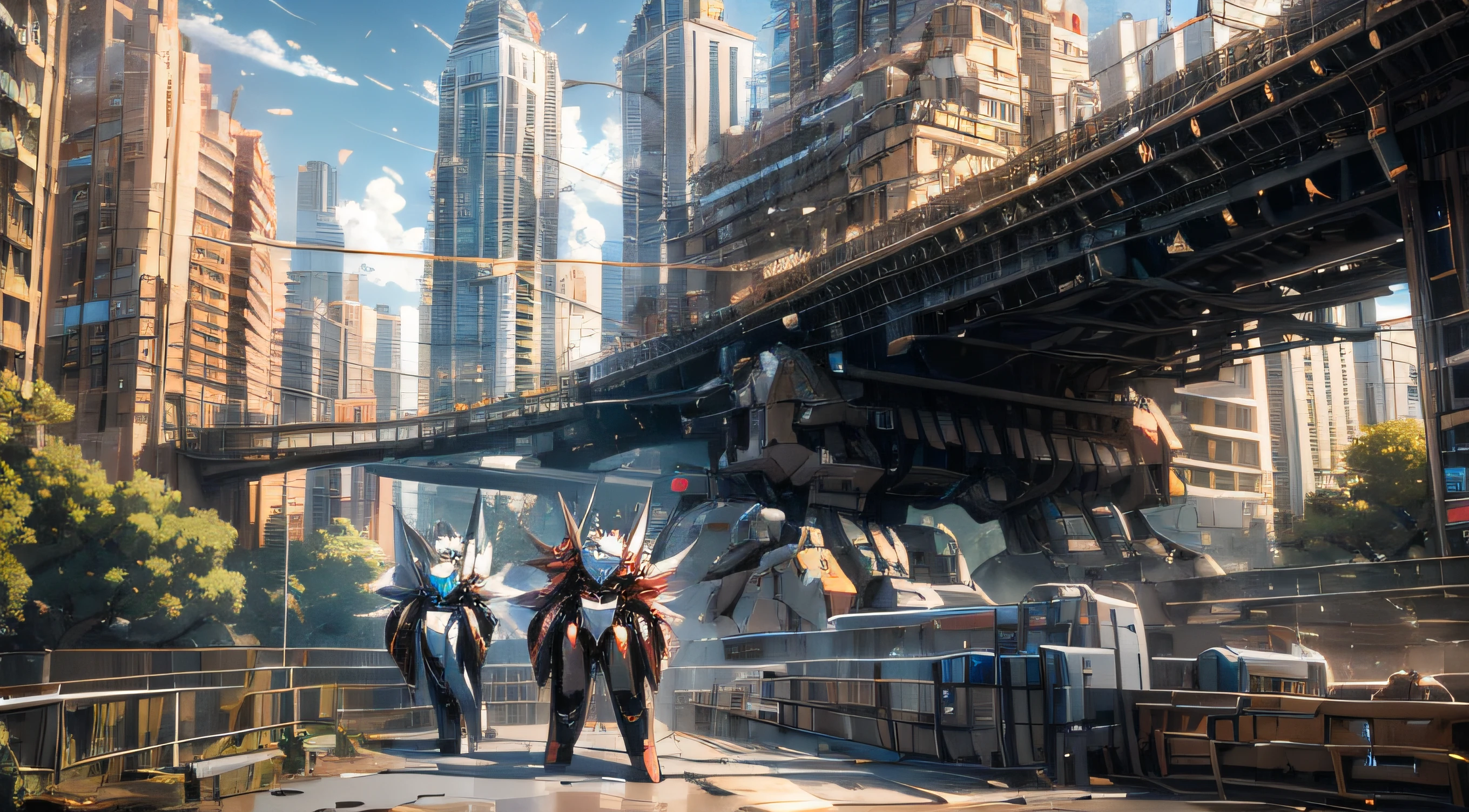 (scenery),(2 mecha army leaders standing on the bridge),(below is the mecha army),(in the city)