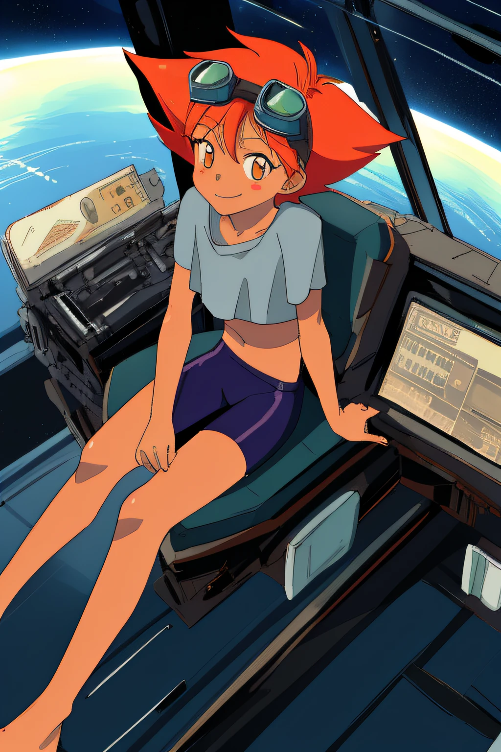 1girl, masterpiece, (detailed background), best quality, absurdres, eyelashes, eyeshadow, orange hair, tiny breasts, sitting, sitting in cockpit, space ship, cockpit, stars, space, planet, edward, solo, short hair, smile, barefoot, dark skin, dark-skinned female, blush stickers, goggles, bike shorts, goggles on head, tomboy, midriff, perfect feet, perfect anatomy