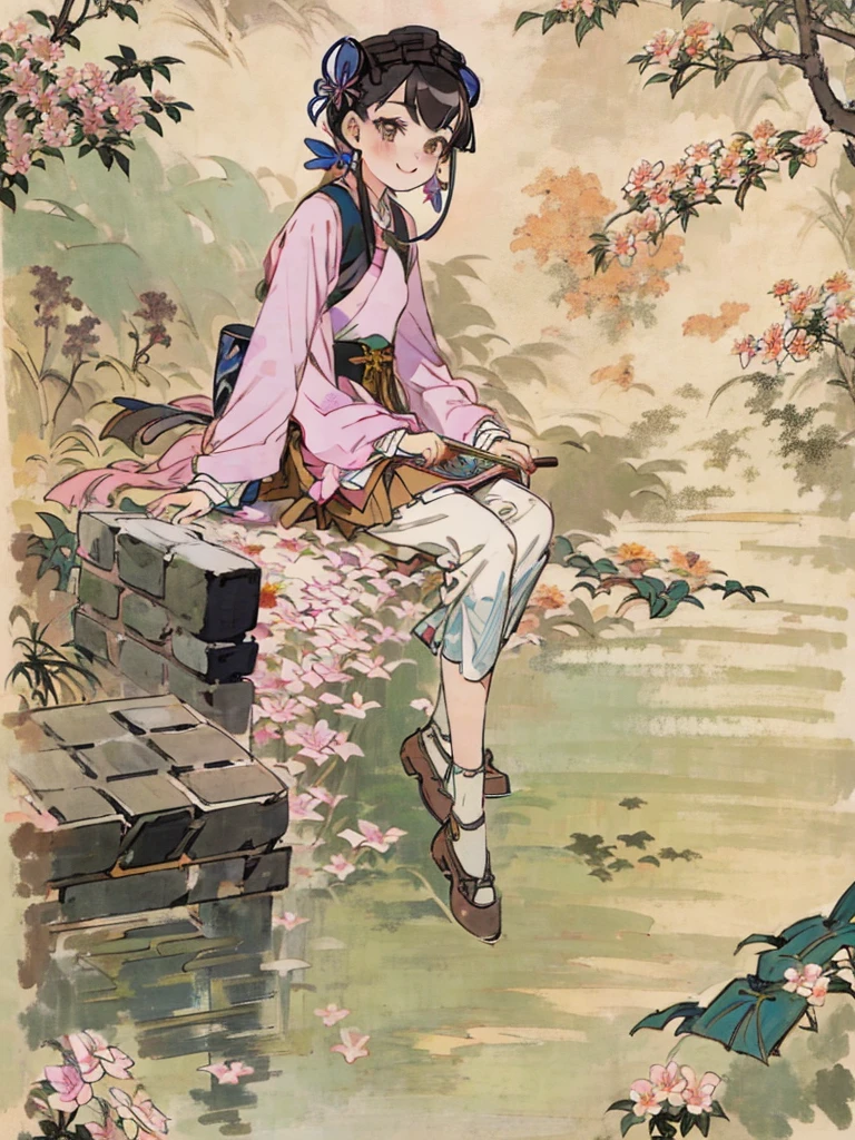 A is sitting on the ground drawing with a flower pen in her hand,Keep your legs straight,Antique two-dimensional,Wearing a Lingnan blue brick skirt,There is a frangipani pattern on the skirt,The smile is innocent and cute