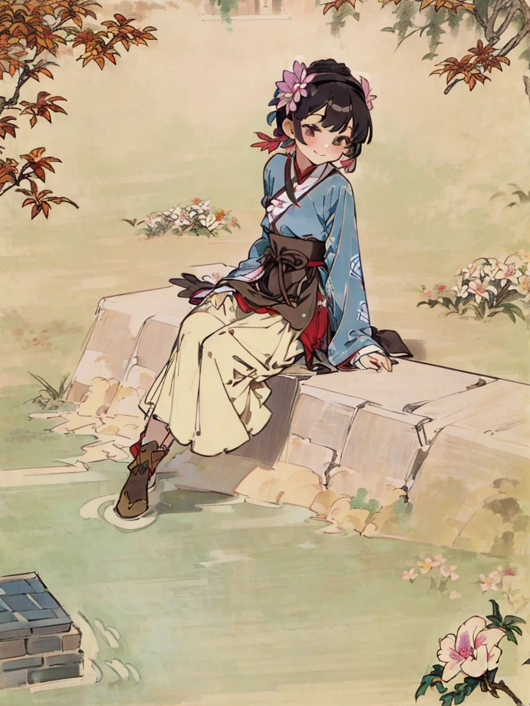 A little girl is sitting on the ground drawing with a flower pen in her hand，Keep your legs straight，Antique two-dimensional，Wearing a Lingnan blue brick skirt，There is a frangipani pattern on the skirt，The smile is innocent and cute