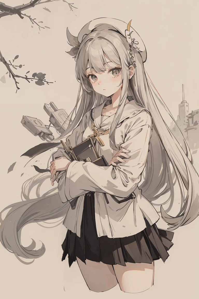 sparrow, a silver haired girl, wearing a priestess clothes, long hair, priest beret, short sleeves, black skirt, priestess uniform, slim body, teen, curious face, praying pose