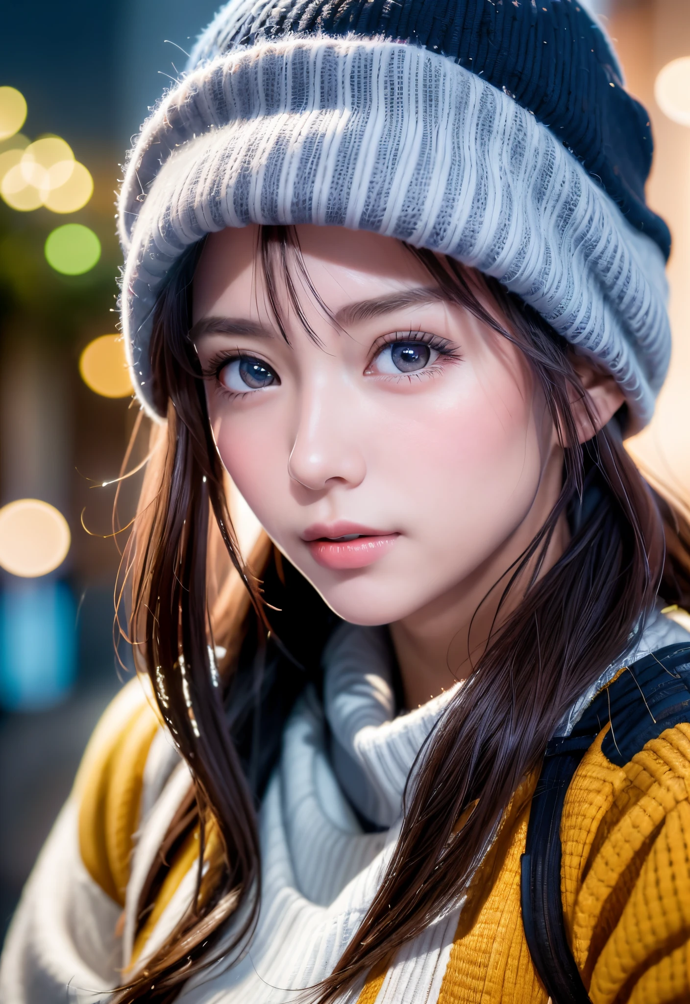 8K, of the highest quality, masutepiece:1.2), (Realistic, Photorealsitic:1.37), of the highest quality, masutepiece, Beautiful young woman, Pensive expression,、A charming、and an inviting look, skiing、snowboarder、Ski Wear, Hair tied back, Cinematic background, Light skin tone、Ski Resort Background