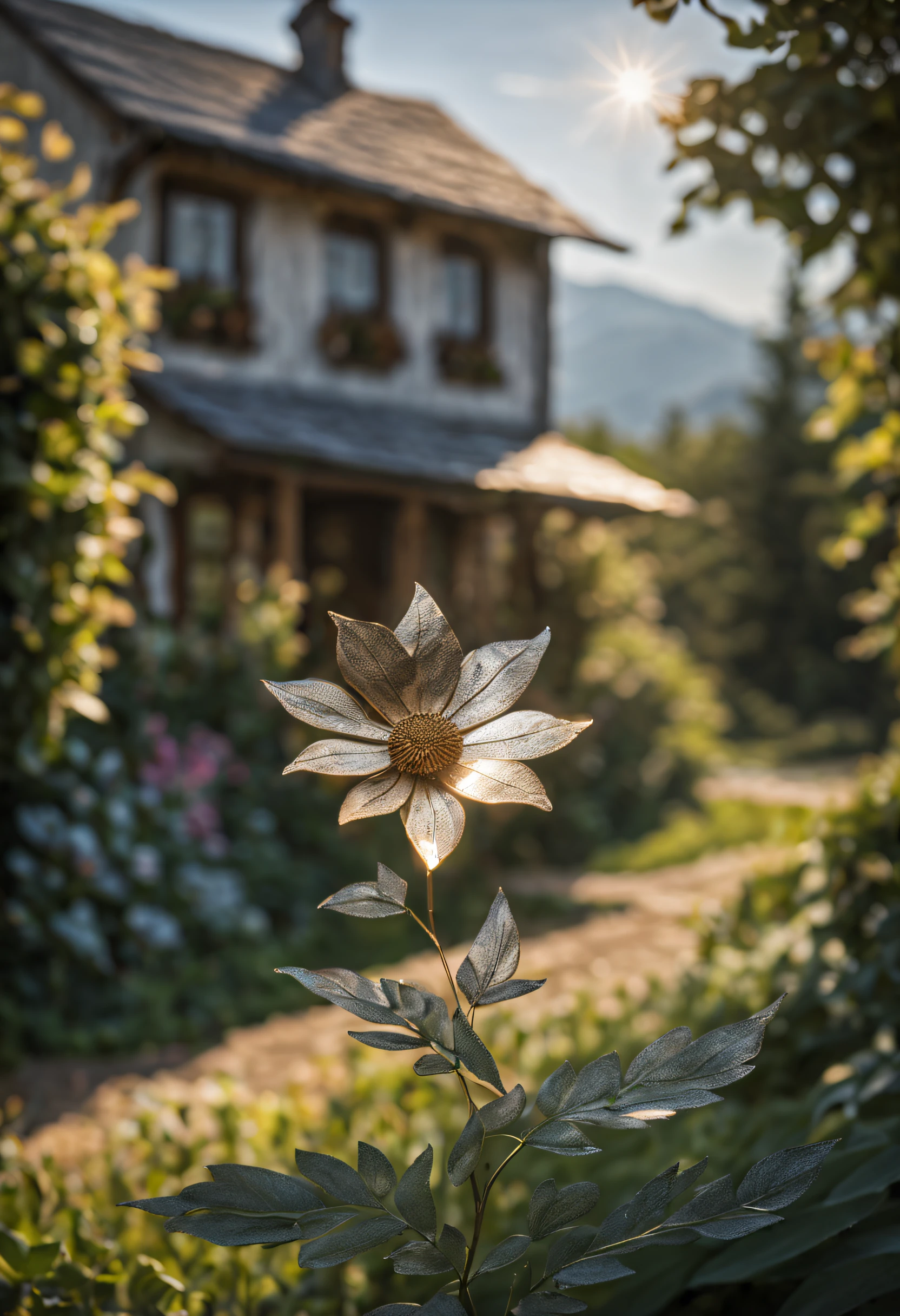 (best quality,highres:1.2),ultra-detailed,metallic flowers,shiny,reflective petals,intricate steel stems,silver and gold tones,vibrant colors,glimmering surface,masterfully crafted,with exquisite detailing,unique floral sculptures,contemporary art,artificial light,contrast between light and shadow,mesmerizing composition,sculptural elegance,metallic sheen,striking and captivating,glowing highlights,delicate filigree,balance between natural and industrial elements,gleaming metalwork,organic forms merged with metallic textures,impressive craftsmanship,detailed etchings and engravings,light dancing off the metallic surfaces,texture and luster of precious metals,metallic blooms shining under the sun's rays,soft and gentle curves,mixed with sharp and angular edges,harmony between nature and technology.