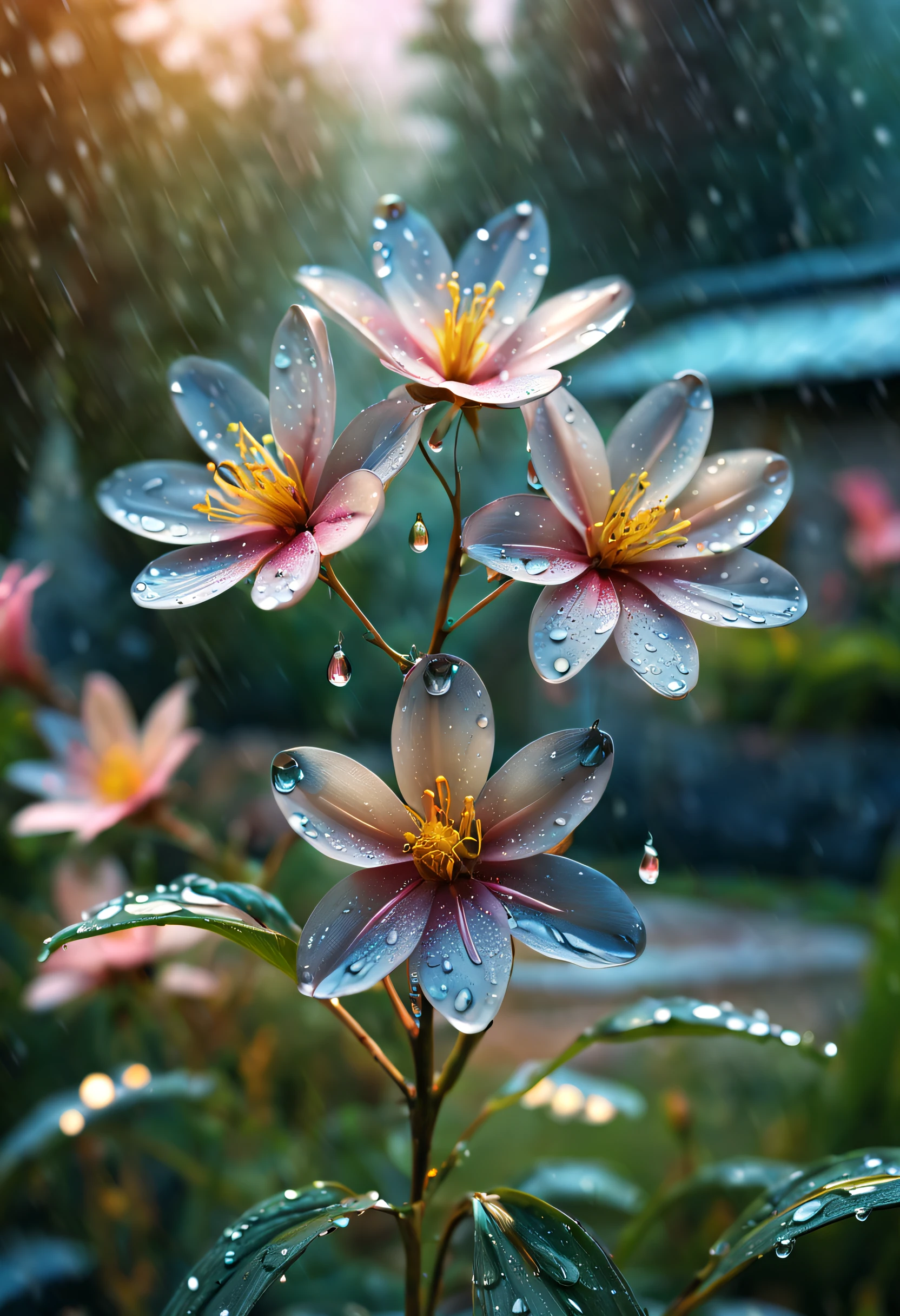 金属 flower magnificently blooming in a garden after the rain, with fresh colors and flowing ink effect adding vitality to the scene. The delicate water droplets shimmer on the metal petals, while realistic lighting and shadow effects outline the freshness and moisture of the early morning. The composition of the image adopts a close-up shot, fully showcasing the details of the metal flower, while the distant trees and flowers add layers and richness to the scene.
(best quality,4k,8k,highres,masterpiece:1.2),ultra-detailed,(realistic,photorealistic,photo-realistic:1.37),metal texture,water droplets,flowing ink effect,close-up shot,delicate details,tree and flower background,refreshing colors,early morning lighting