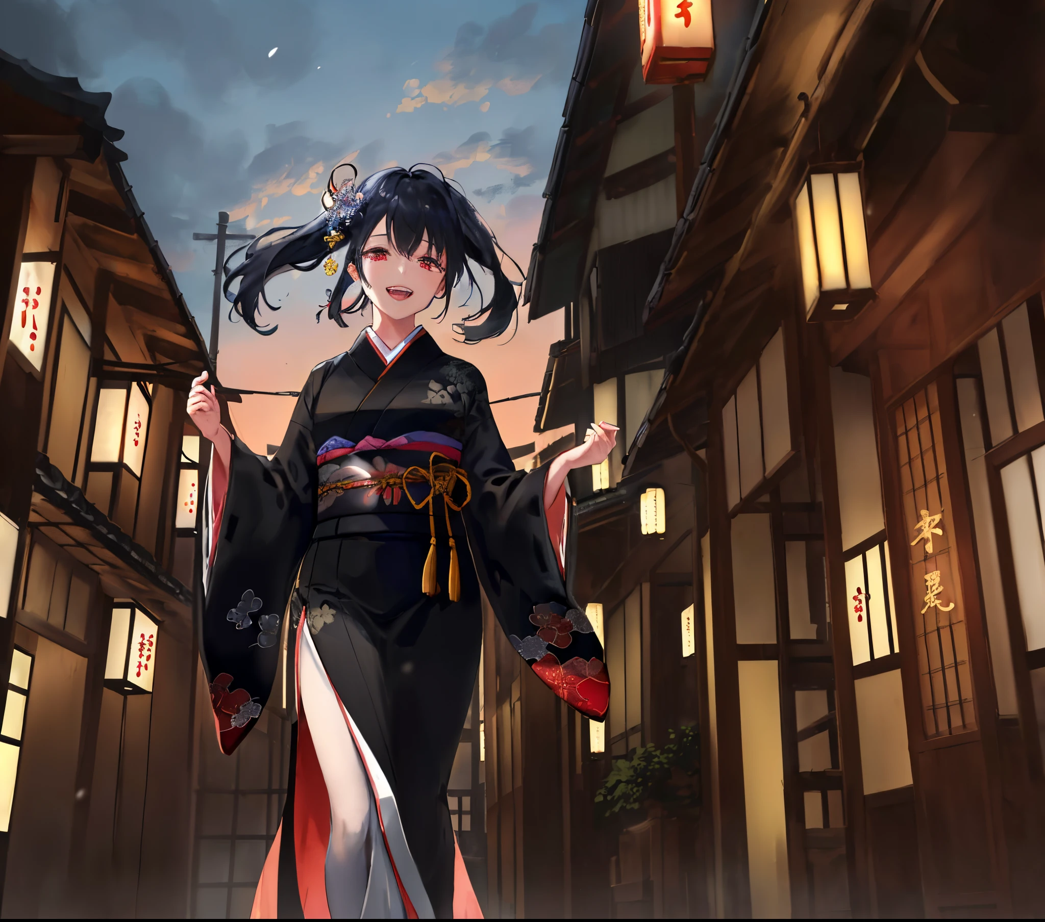 Official Art, Masterpiece, Sharp Focus, (Beautiful Gorgeous Cute Japan Woman:1.3), (Beautiful Cute Japan Woman:1.3), Japan Beauty, Delicate Beautiful Hair and Eyes and Face, Realistic, Ultra Detailed, Beautiful Girl, Blue Sky, Glow White Particles, (Side Light:1.2), Sunshine, White Clouds, Fine Clouds, Slender, Adorable Breasts and Waist, Show Your Teeth and Smile, ((Laugh with Eyes, Open Both Eyes )), landscape, long straight hair, sexy look, buildings, (cityscape: 1.3), night, dynamic hair, long straight hair, elaborate platinum black hair, shining red eyes, (red oiran costume), white skin, hair ornament, magnificent landscape,