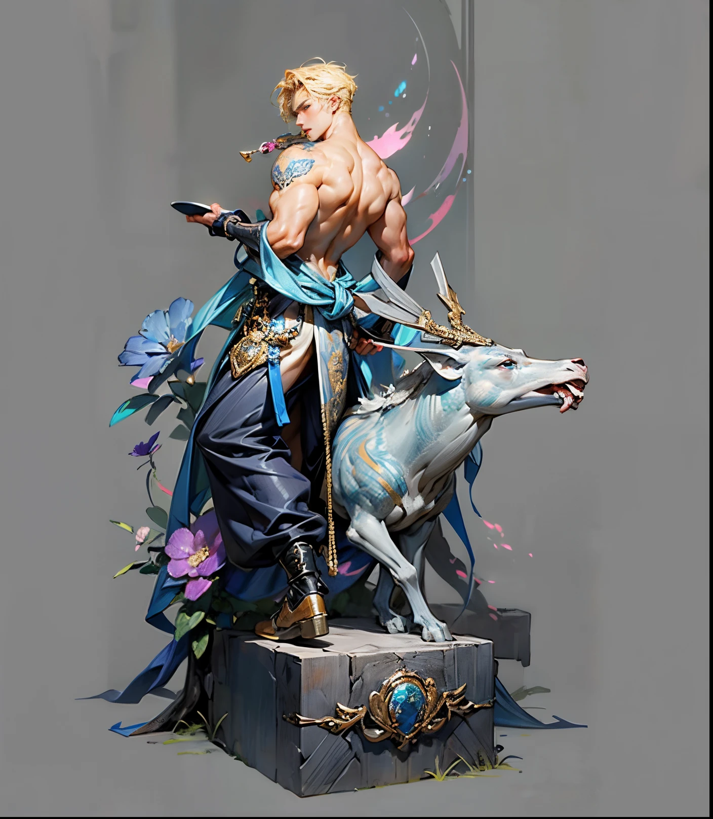 Sculpture design,人物,GK model,male people,(The whole body of the character),Expose muscles,(sexy for),(Exquisite base),The colors are bright,Lots of colors,Handsome cybernetics boy looking at camera lingerie detailed muscular reality masterpiece,Muscular,The back of the character
