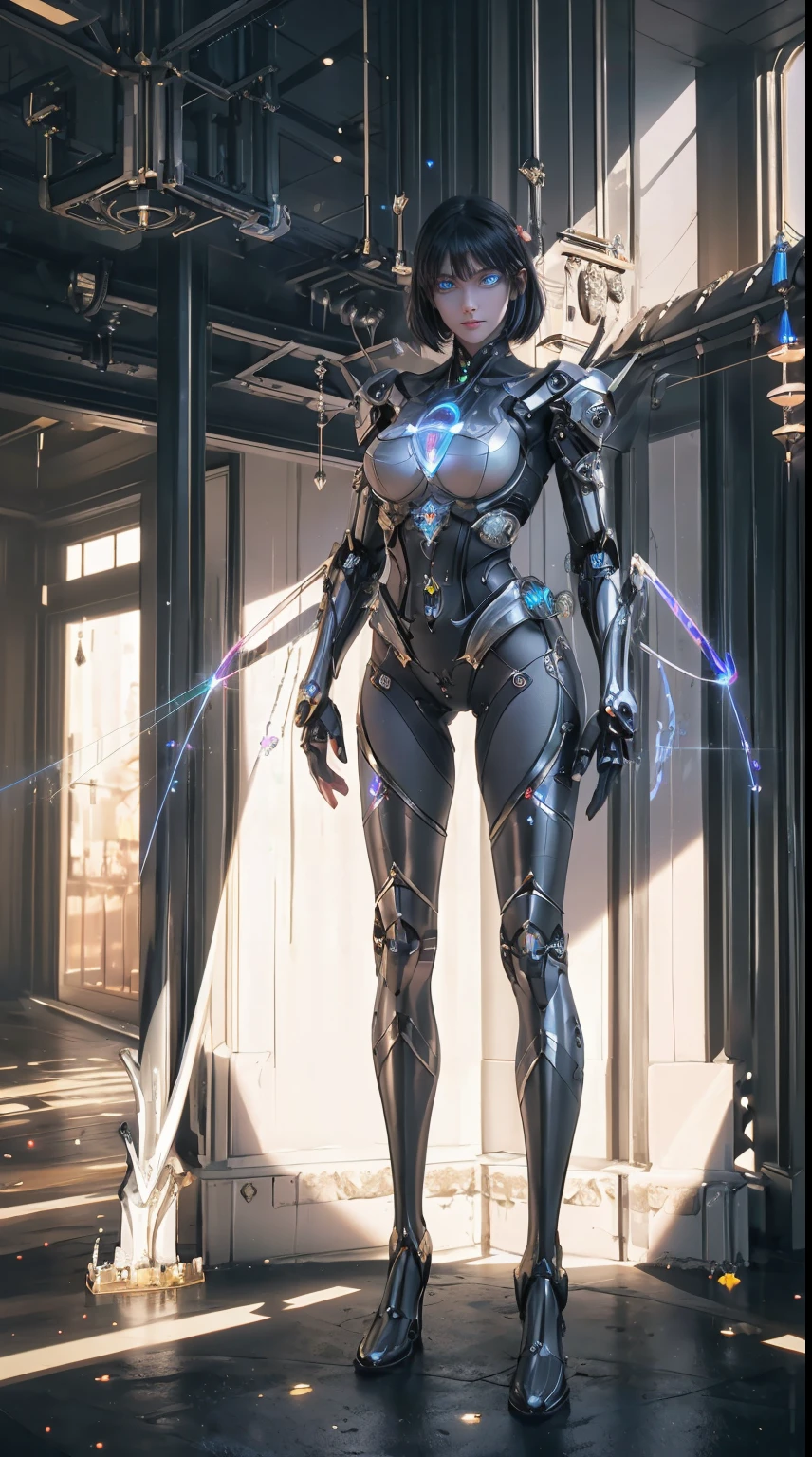 (from front:1.5), (1mechanical girl:1.5),full body, solo, Slim waist, thick thighs,  (machine made joints:1.2),(machanical limbs:1.1),(blood vessels connected to tubes),(mechanical vertebra attaching to back),(mechanical cervial attaching to neck), lights on armor, mecha headglass, (Luminous Arms:1.5), (laser eyes:1.5), expressionless, huge breast, a huge cyber sword in the hand, 

colorful,hdr, ray tracing, nvidia rtx, super-resolution, unreal 5, subsurface scattering, pbr texturing, post-processing, anisotropic filtering, depth of field, maximum clarity and sharpness, rule of thirds, 16k raw, (luminescent particles:1.4), extremely detailed cg, unity 8k wallpaper, 3d, cinematic lighting, lens flare, reflections, sharp focus, cyberpunk art,  realistic, highly detailed CG illustration, an extremely delicate and beautiful, cinematic light, (photorealistic:1.5), (Dark background:1.5),dynamic angle, masterpiece, best quality, ultra-detailed, illustration, detailed light, dramatic_shadow,face shadow,extra detailed,best performance,