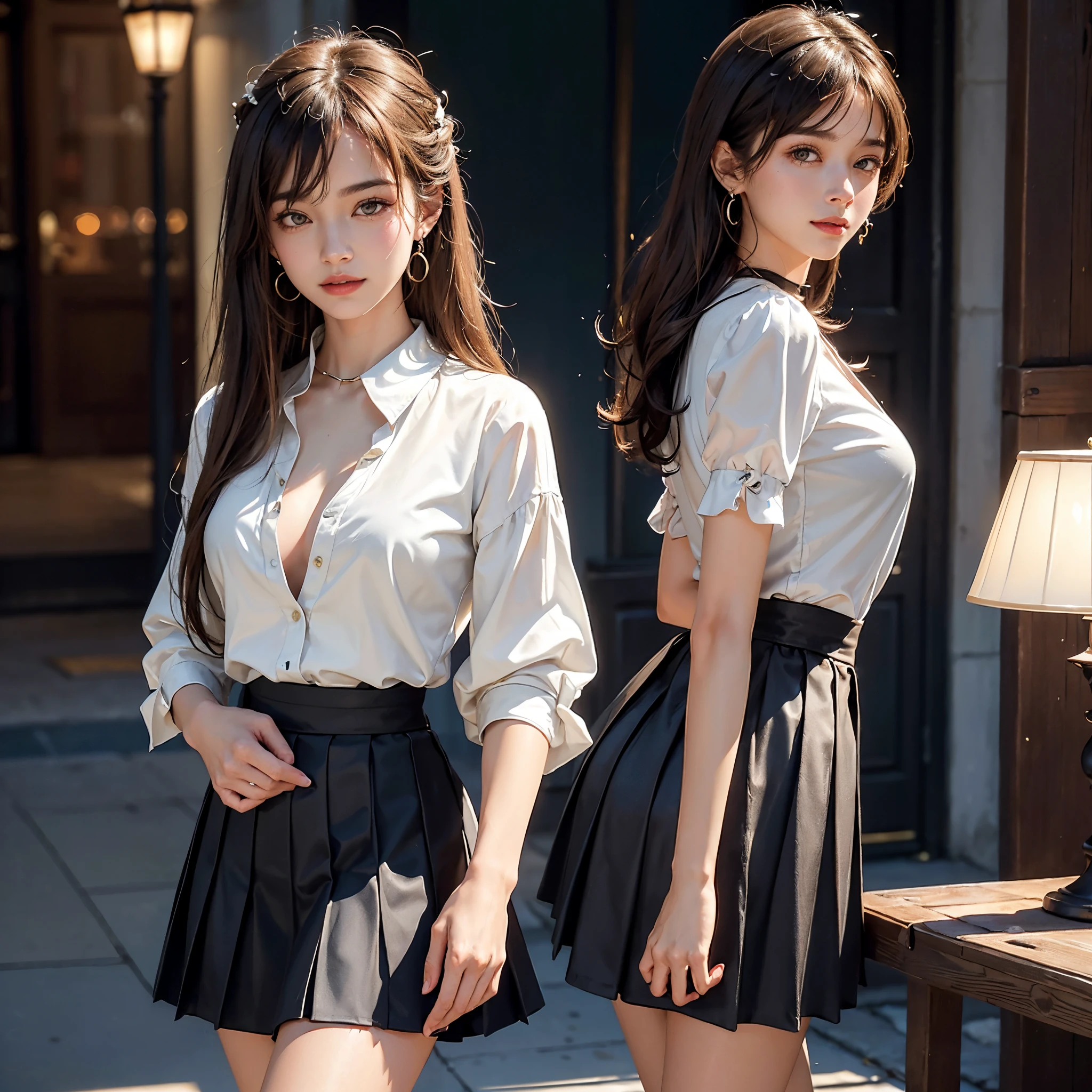 Ultra-high resolution, Practical, Very detailed, Golden Ratio, best quality, They stood on the floor in their brown high heels, (Two beautiful high school girls 漂亮的脸蛋,, (Two beautiful high school girls, Stand side by side), They all wore the same,Huge breasts，Cleavage , Willow Waist, (Pleated mini skirt is very short:1.7),  (Very long legs), ((Wearing shiny black thigh)), Wearing brown high heels), Precision high heels,A well-behaved and obedient daughter，Will not refuse，Happy expression，Gentle and obedient personality、Absolute obedience，Infinite care，Happy smile，Gentle and obedient personality、Obey everything，Infinite doting，Will not refuse，Gentle and obedient personality、Obey everything，Sit down under，Submissive character，Obey everything，Likeable，付出型性格和Likeable的个性，Absolute obedience，Willing to give everything、Likeable，Waiting for command full body view