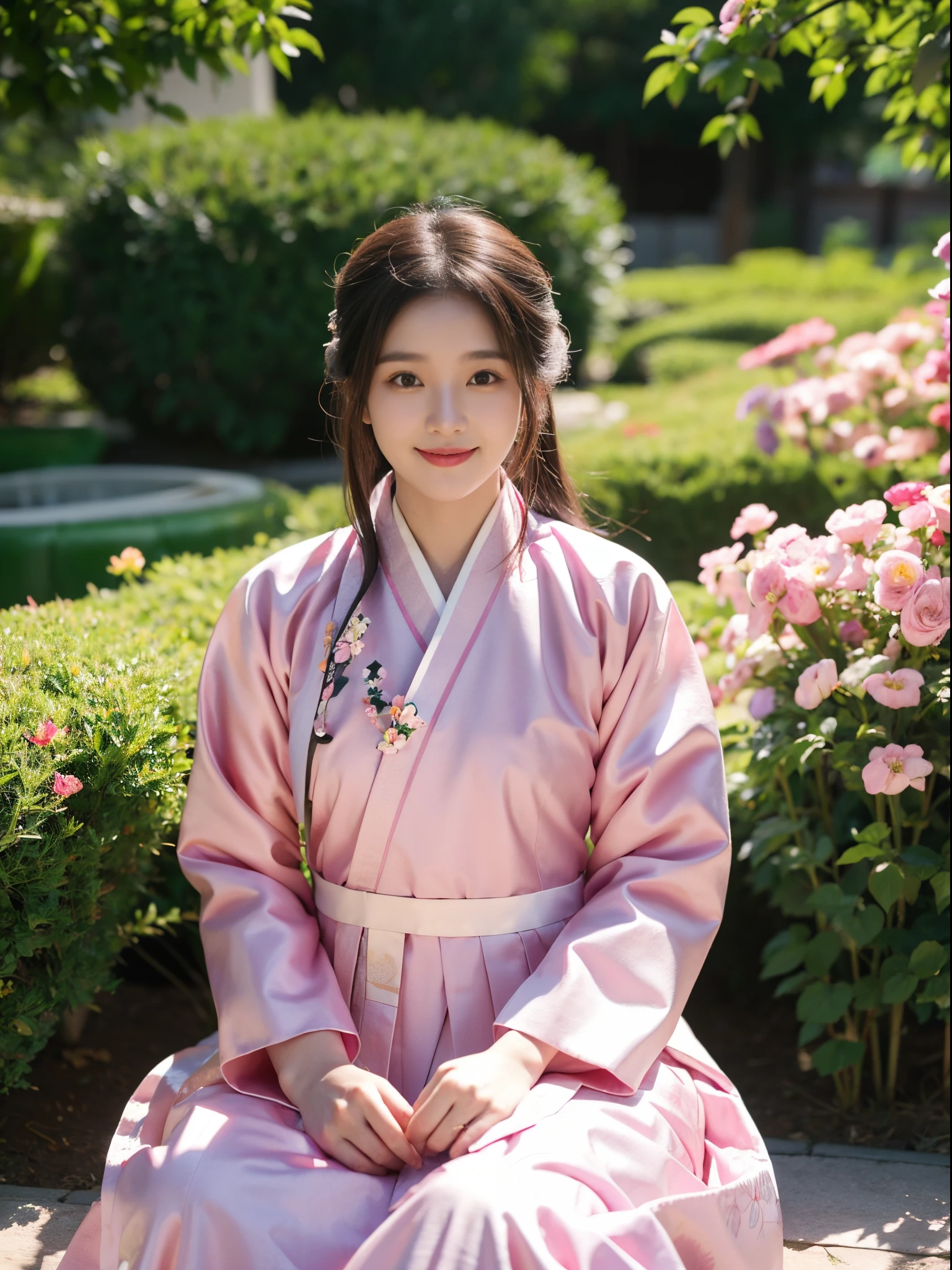 A Korean Girl Sitting in Hanbok in a Flower Garden, patel pink color, (((Hanbok))), ((Korean traditional clothes)), Smile face, Dramatic sunlight