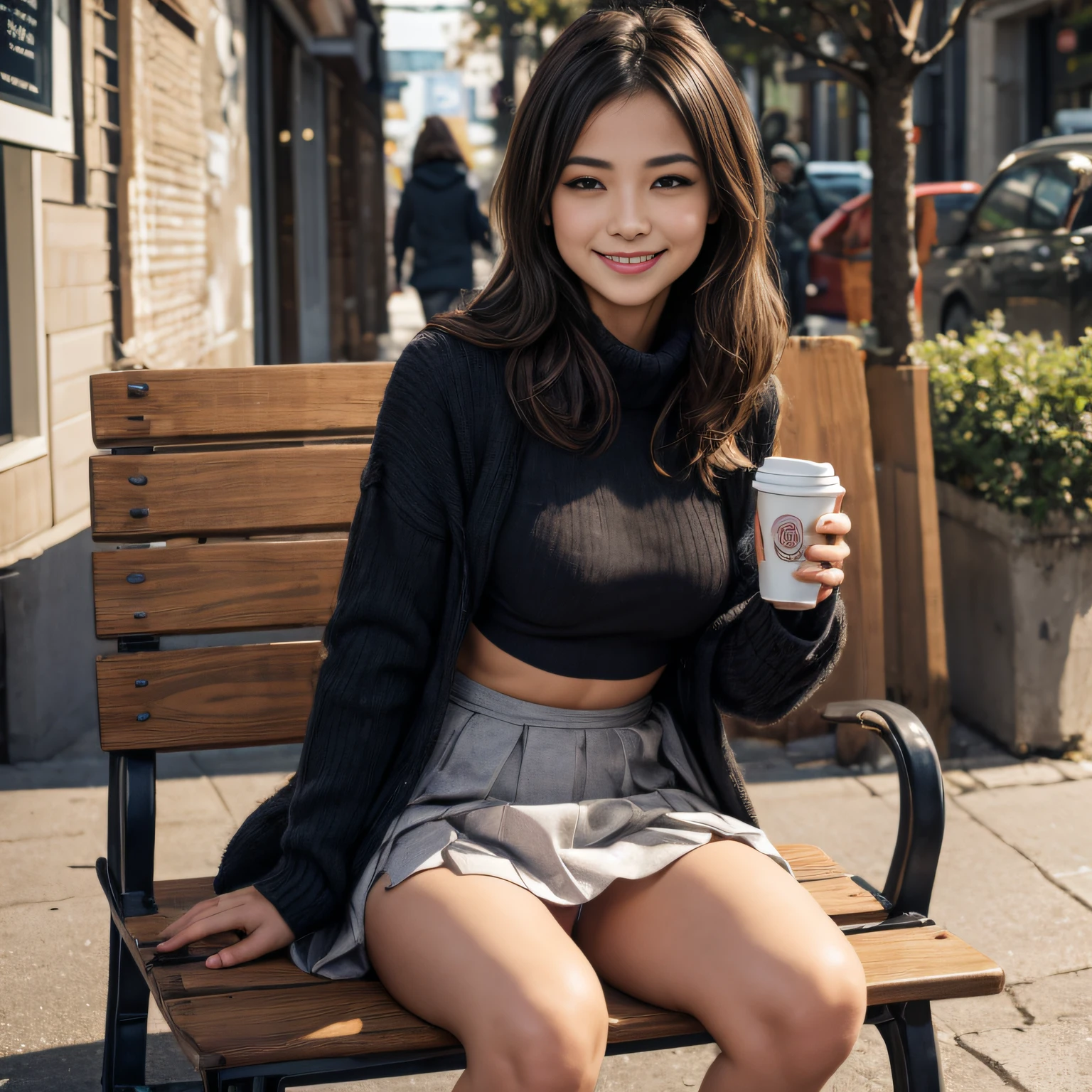 winter clothes, pull up skirt, straddling, small breast, bra, panties, shy smile, street, road trees, having coffee cup, bench