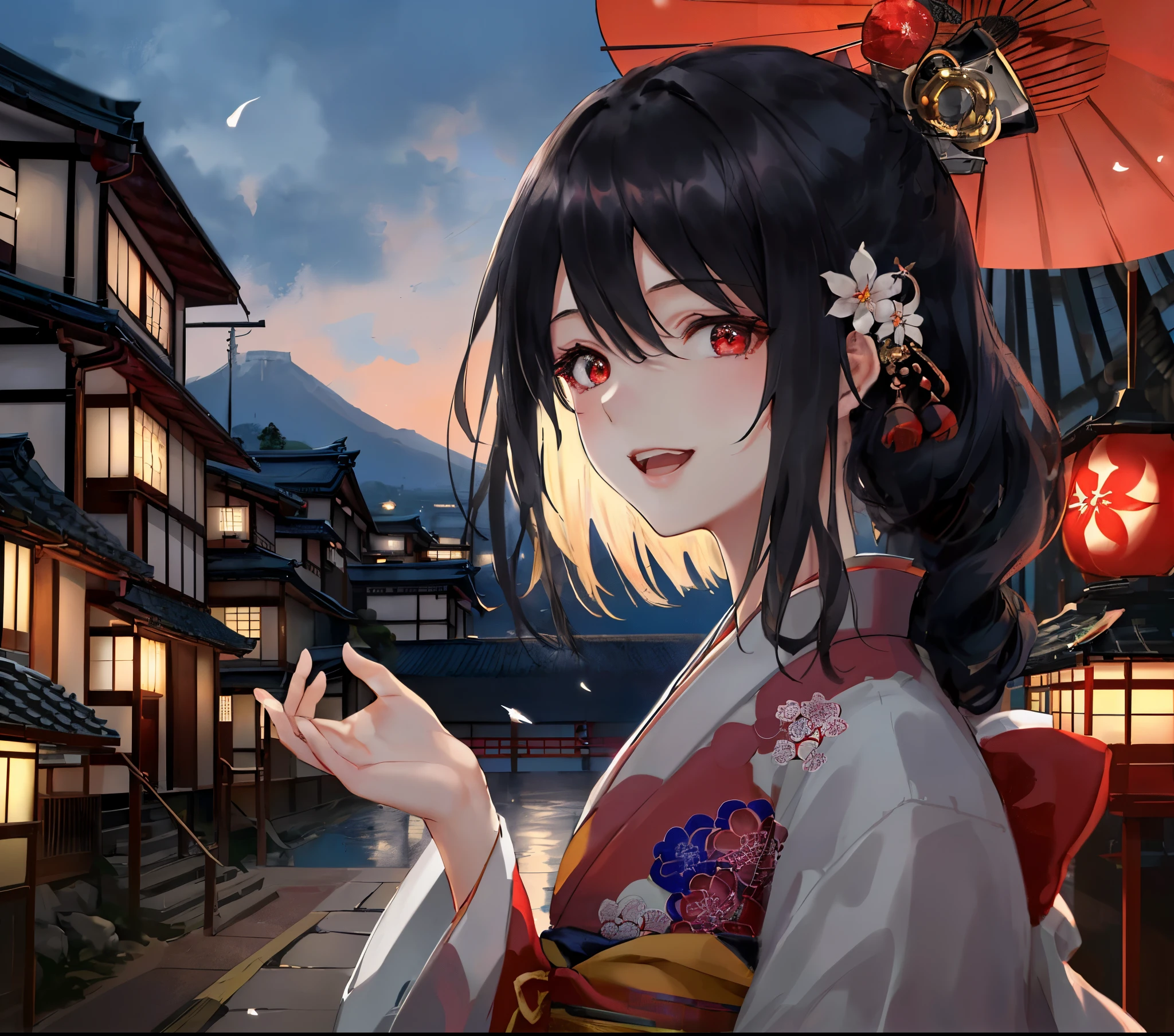 Official Art, Masterpiece, Sharp Focus, (Beautiful Gorgeous Cute Japan Woman:1.3), (Beautiful Cute Japan Woman:1.3), Japan Beauty, Delicate Beautiful Hair and Eyes and Face, Realistic, Ultra Detailed, Beautiful Girl, Blue Sky, Glow White Particles, (Side Light:1.2), Sunshine, White Clouds, Fine Clouds, Slender, Adorable Breasts and Waist, Show Your Teeth and Smile, ((Laugh with Eyes, Open Both Eyes )), landscape, long straight hair, sexy look, buildings, (cityscape: 1.3), night, dynamic hair, long straight hair, elaborate platinum black hair, shining red eyes, (red oiran costume), white skin, hair ornament, magnificent landscape,