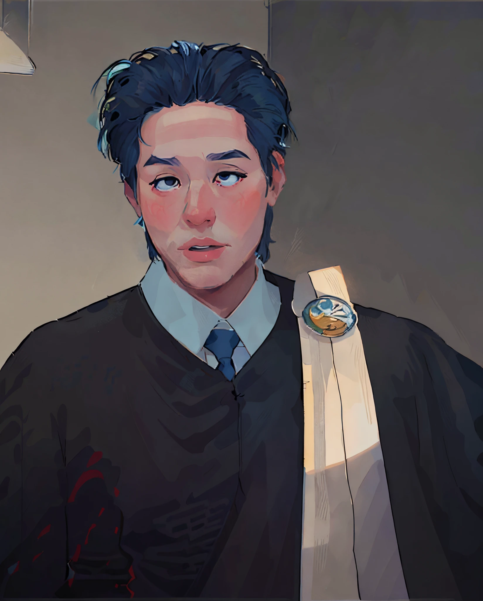 (masterpiece:1.2),illustration,lineart,texture,a man in black graduation gown with white and blue stripes ,warm color palette,soft lighting,detailed pencil strokes,delicate outlines,distinct shadows,subtle shading,impeccable attention to detail,highly realistic,artistic touches,vibrant and lifelike rendering,professional-level skill,colorful and textured background,warm and inviting atmosphere,peaceful and relaxed expression,sophisticated and elegant aesthetics.