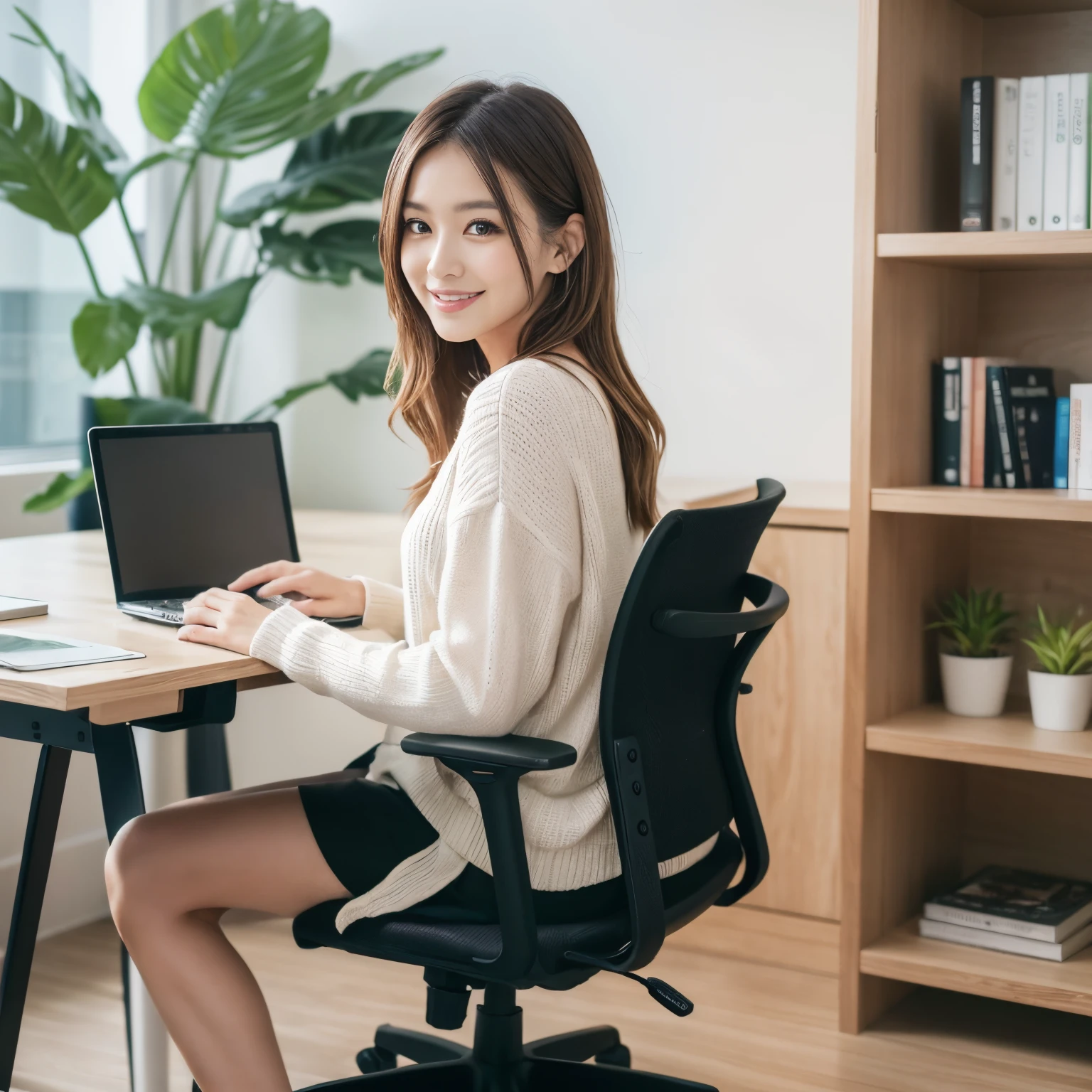 ((top-quality、masutepiece、8K、Top image quality))、1人の女性、Photographing a Woman、A slight smil、View me、Office casual attire、modern and cozy office space、A very comfortable designed office、wide々Open Office、Natural light、clean and comfortable、A shelf with many files stored on it、1 houseplant、Comfortable office chair、exactly one desk、Bright interior、Refreshing atmosphere