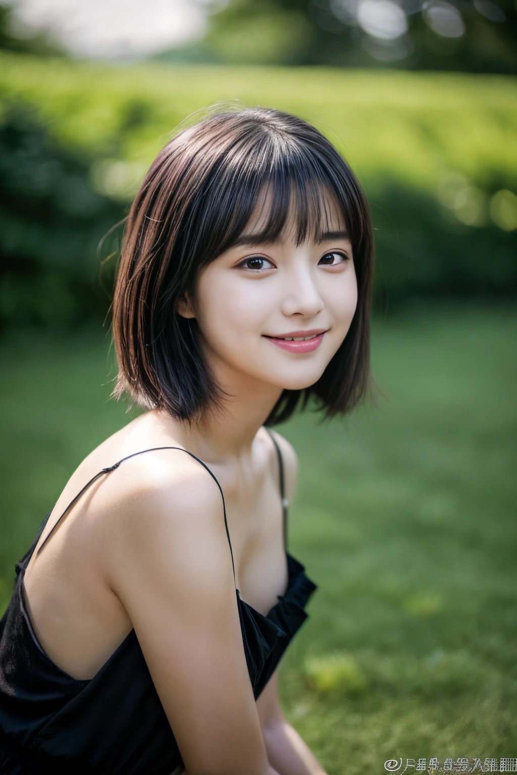 masterpiece、4K、top-quality、beautiful japanese female、detail portrayal、1 girl in、20yr old、(rompers:1.2)、A dark-haired、bob cuts、naturey、depth of fields、(Angle from top:1.2)、ssmile