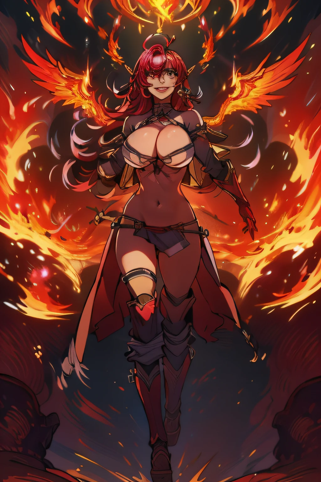 16k, HD, Professional, Highly Detailed, ((Masterpiece: 0.3)), (((High Quality))), Ultra-detailed face, Highly Detailed Lips, Detailed Eyes, full body, 1 Dark elf, female, paladin, red hair, smiling, happy, flaming wings, breasts out, fire