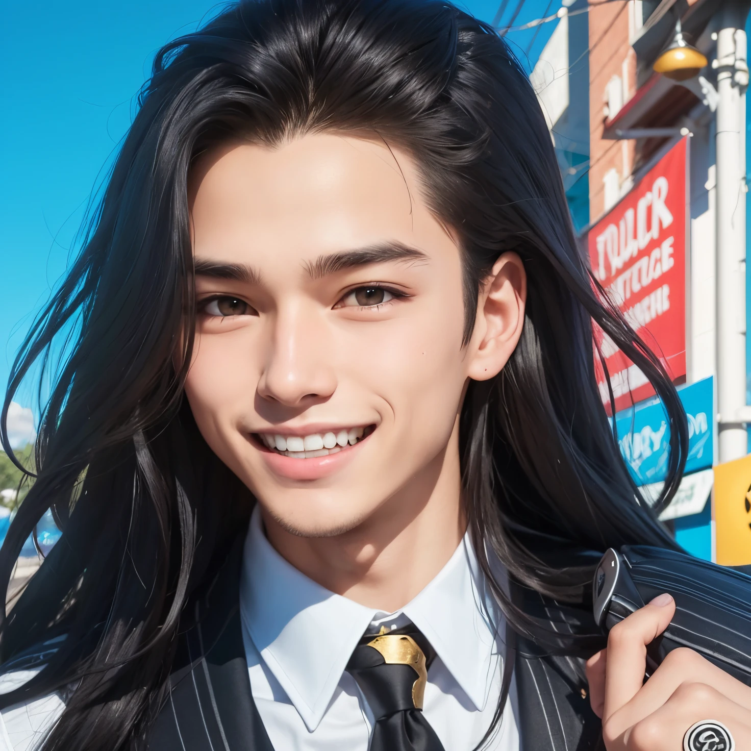 A teenage boy with realistic long black hair, the same realistic hairstyle, realistic handsome face, realistic smiling expression, realistic canine teeth, adapt realistic clothing, realistic light, realistic shadows, realistic background