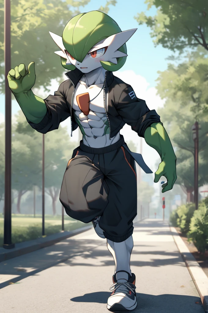 masterpiece, best quality, full body, Solo, male focus, (androgynous), furry, pectorals, pectoral cleavage, muscular, ((Gardevoir)), ((pokemon)), (crop jacket), (tai chi),