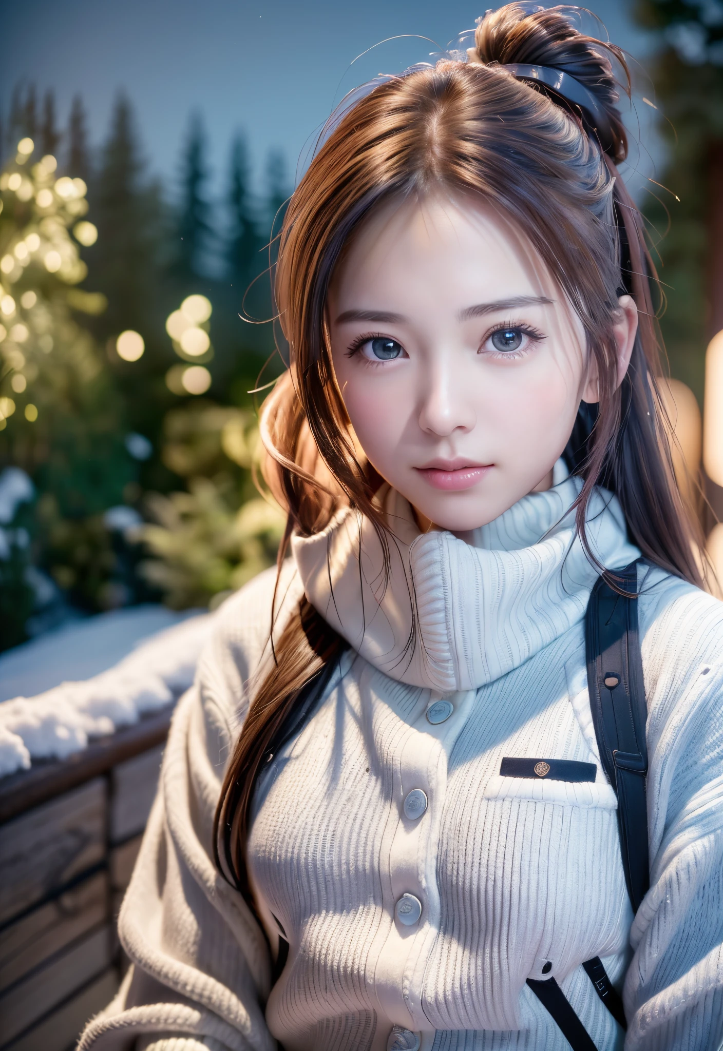 8K, of the highest quality, masutepiece:1.2), (Realistic, Photorealsitic:1.37), of the highest quality, masutepiece, Beautiful young woman, Pensive expression,、A charming、and an inviting look, skiing、snowboarder、Ski Wear, Hair tied back, Cinematic background, Light skin tone、Ski Resort Background
