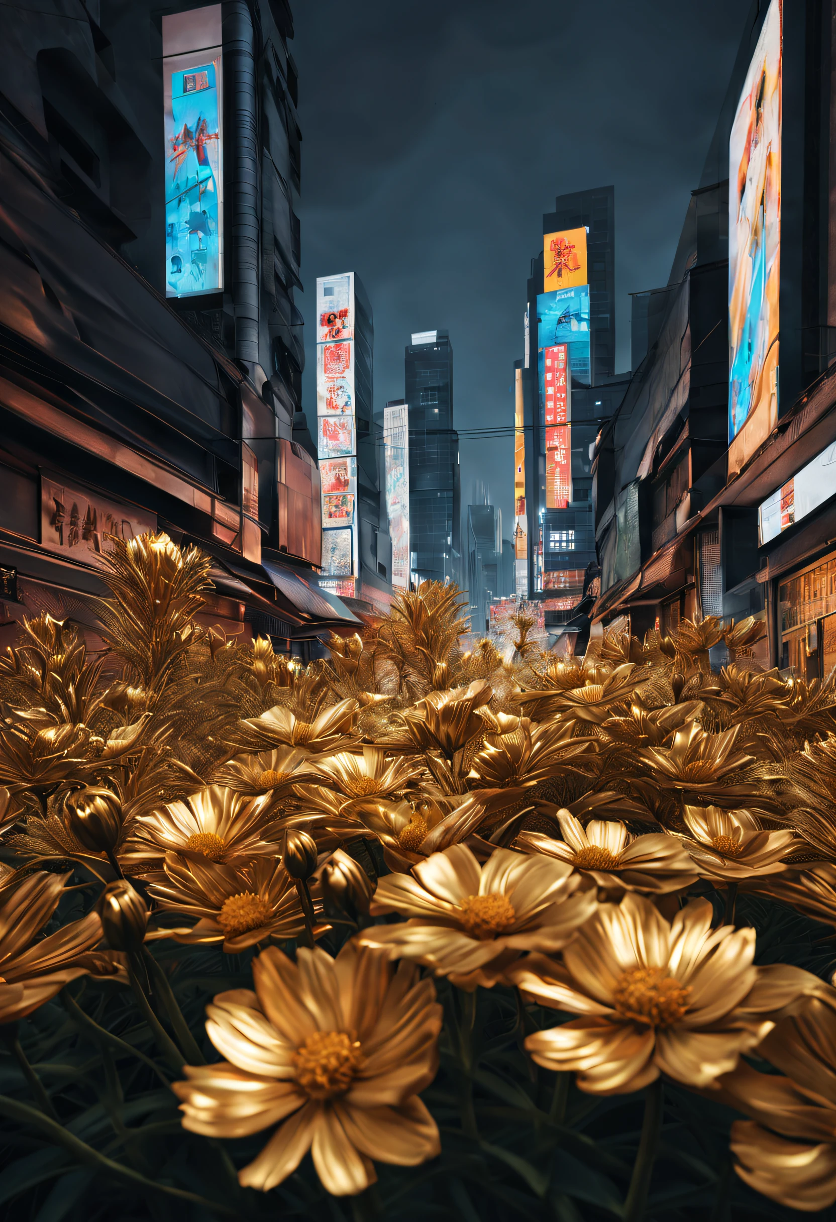 (best quality,highres:1.2),ultra-detailed,metallic flowers,shiny,reflective petals,intricate steel stems,silver and gold tones,vibrant colors,glimmering surface,masterfully crafted,with exquisite detailing,unique floral sculptures,contemporary art,artificial light,contrast between light and shadow,mesmerizing composition,sculptural elegance,metallic sheen,striking and captivating,glowing highlights,delicate filigree,balance between natural and industrial elements,gleaming metalwork,organic forms merged with metallic textures,impressive craftsmanship,detailed etchings and engravings,light dancing off the metallic surfaces,texture and luster of precious metals,metallic blooms shining under the sun's rays,soft and gentle curves,mixed with sharp and angular edges,harmony between nature and technology.