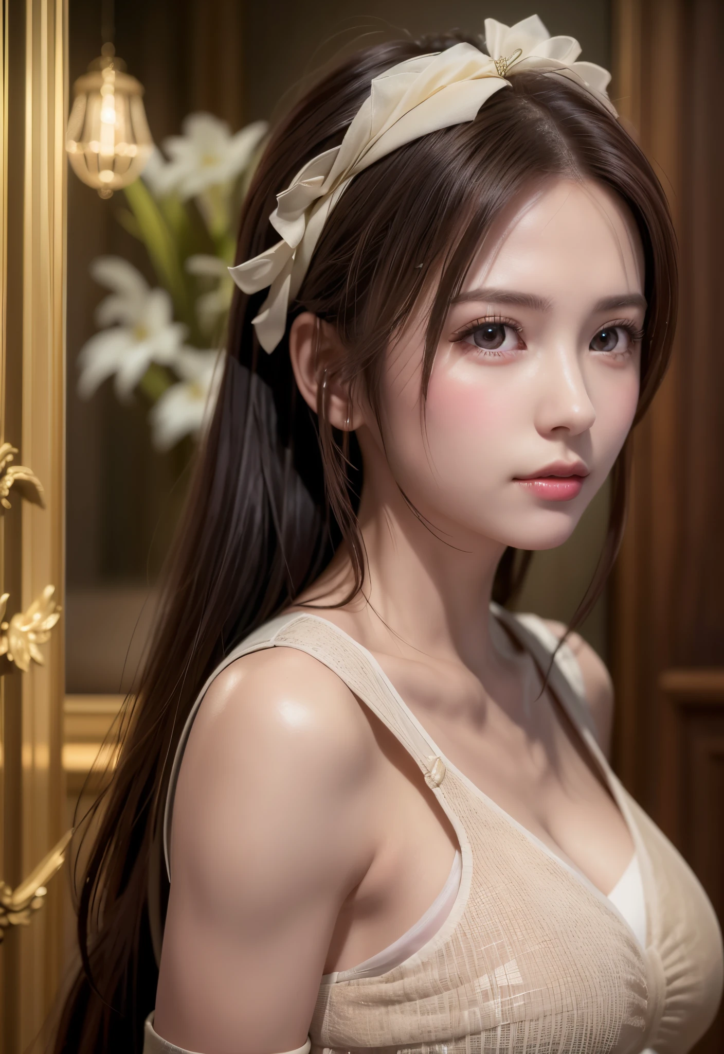 8K, of the highest quality, masutepiece:1.2), (Realistic, Photorealsitic:1.37), of the highest quality, masutepiece, Beautiful young woman, Pensive expression, Thoughtful look, sexy dress、Hair tied back, Glamorous atmosphere、Cinematic background, Light skin tone