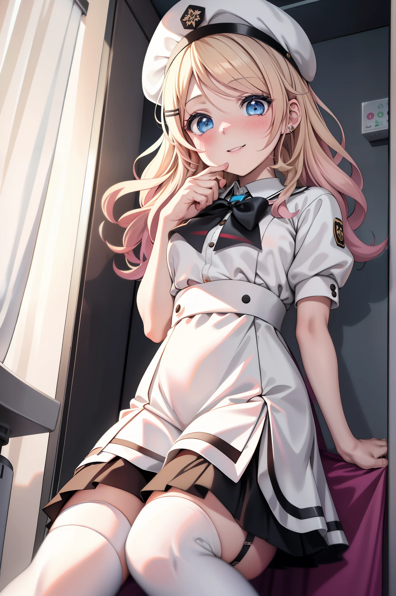 Kagamine rin , 1girl, traje de enfermera, Gorra de enfermera, Desgaste blanco, ((Legwear blanco, Zettai Ryouiki)), Guantes blancos, cabello rubio, ojos azules, labios rosados, They are smiling, En pie, ((hospital room)), sharp outline, manga corta, La mejor calidad, Obra maestra