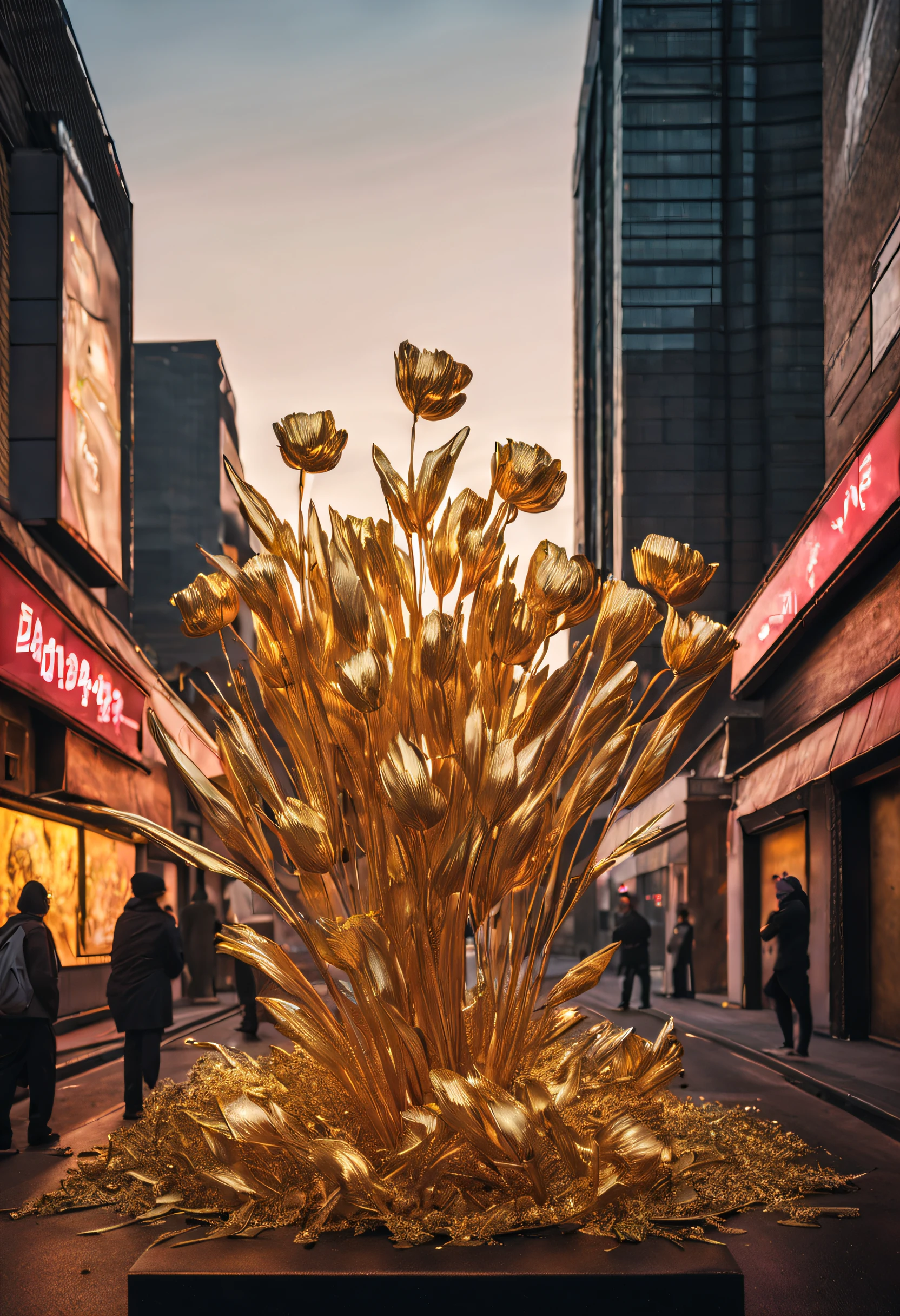 (golden metallic flowers,blossom,blooming:1.1,unreal,cyberpunk,futuristic:1.2) A surreal city street sets the stage for the magnificent display of golden metallic flowers. Their luxurious appearance contrasts sharply with the surrounding architecture. The light filters through the towering buildings at peculiar angles, casting an eerie glow on the surface of the flowers, creating a mesmerizing play of light and shadow. The composition of the artwork takes an unconventional approach, placing the metallic flowers amidst the hustle and bustle of the city, resulting in a sense of tension and conflict. The imagery evokes a sense of the supernatural and captivates the viewer with its unexpected juxtaposition.