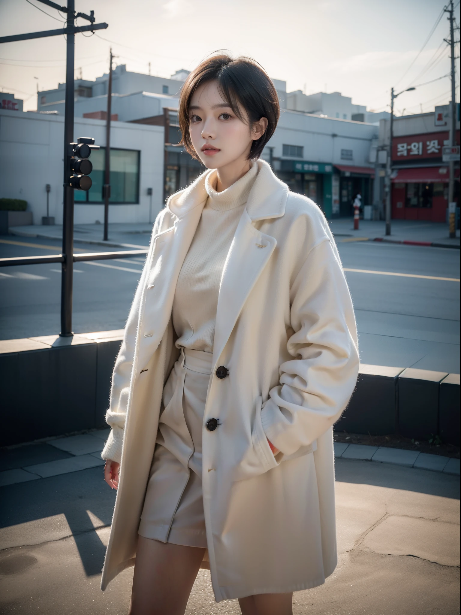 Cute in a short cut to walk in winter town in a coat、Korea Women Photorealistic, highcontrast, 8K HD, detaileds, realistic skin textures, top-quality, 超A high resolution, Raw photo, Dramatic Lighting, unrealengine, Short-cut hairstyles,Beautiful girl model,detaile, hyperdetails, realistic skin textures,Very meticulously