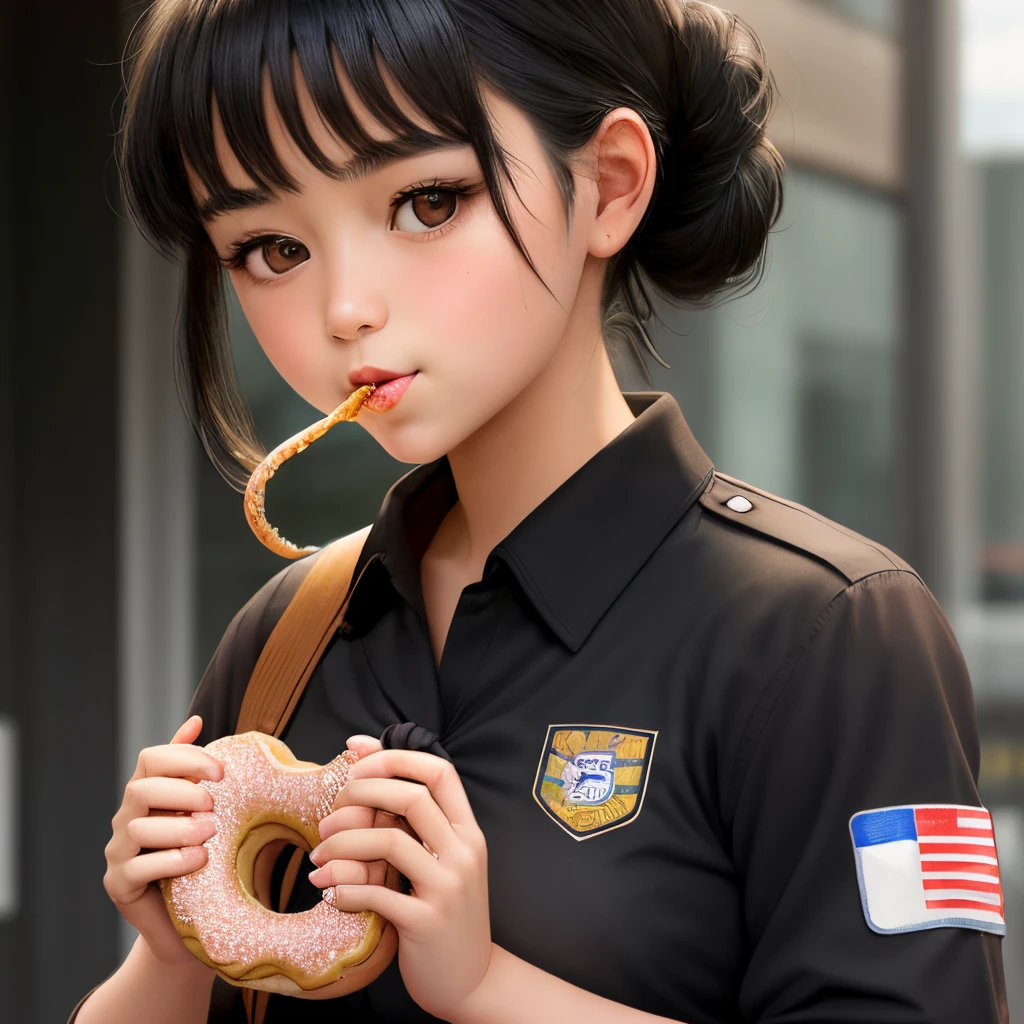 A girl with black hair tied in a single knot wearing a uniform eating a donut