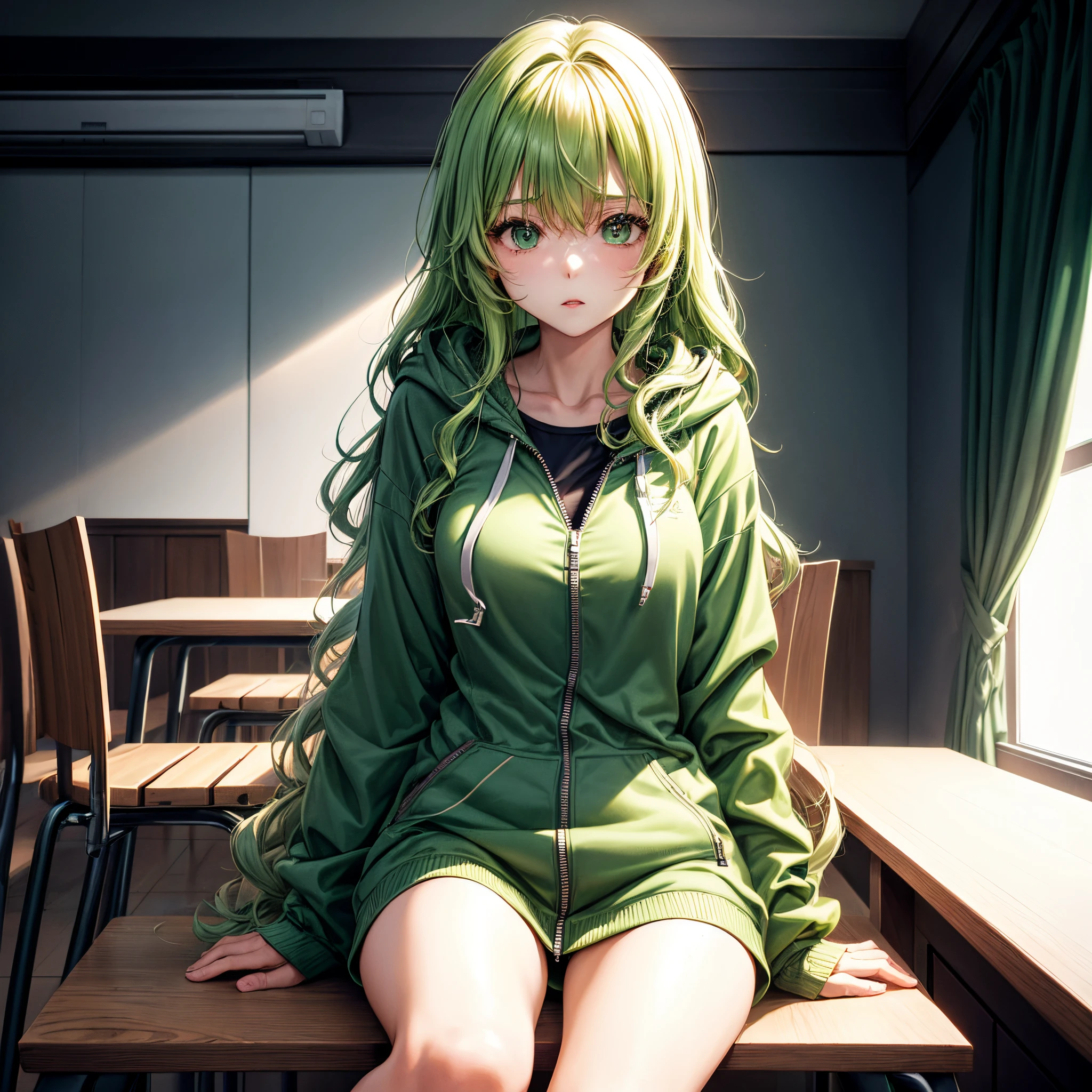 realisitic、top-quality、((One woman:1.5))、Green hair、length hair、Wavy hair、green zip up hoodie、sit a chair、inside in room、Unzip、barechested