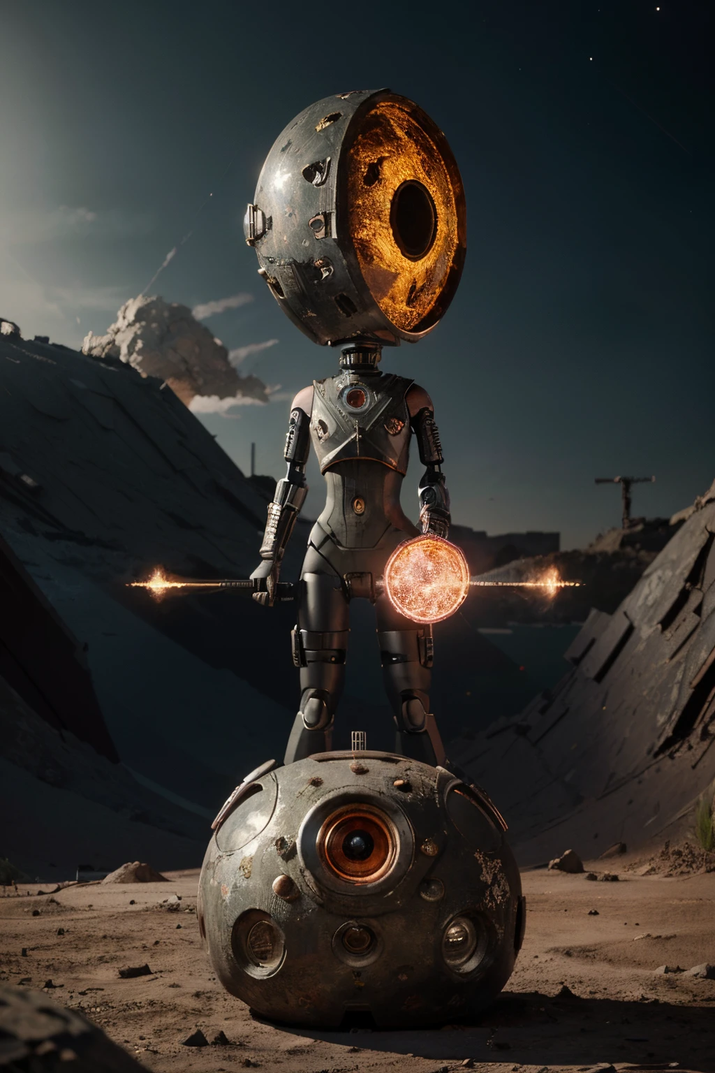 A Modern flat toon Crazy whit a Big ONE a Only Eye Robot and helmet Style, tongs in hands, Tv head, pinhead, camouflage PINK Rusty, Ambient in a meteorite crater super detailed, center, beautiful, soft lighting, focused on the character, 4K resolution, photorealistic rendering,