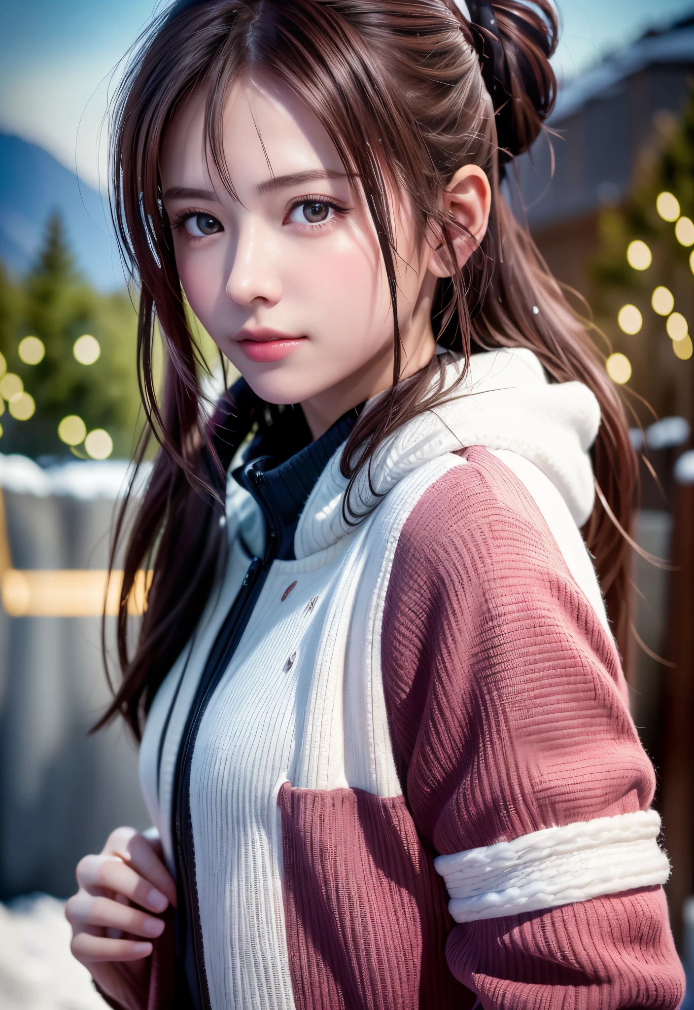 8K, of the highest quality, masutepiece:1.2), (Realistic, Photorealsitic:1.37), of the highest quality, masutepiece, Beautiful young woman, Pensive expression,、A charming、and an inviting look, skiing、snowboarder、Ski Wear, Hair tied back, Cinematic background, Light skin tone、Ski Resort Background