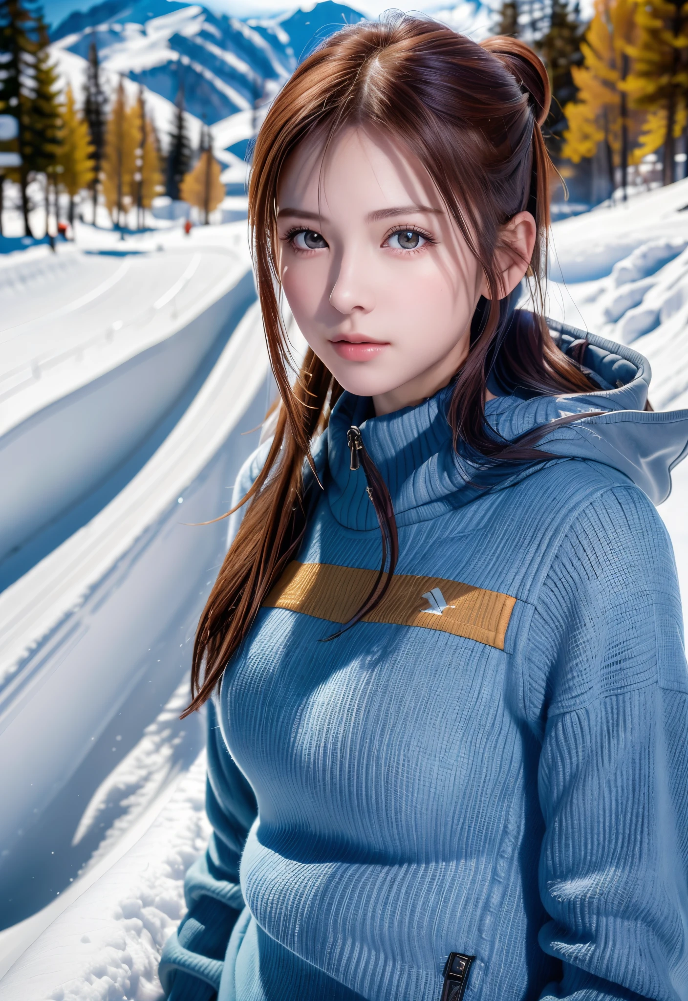 8K, of the highest quality, masutepiece:1.2), (Realistic, Photorealsitic:1.37), of the highest quality, masutepiece, Beautiful young woman, Pensive expression,、A charming、and an inviting look, skiing、snowboarder、Ski Wear, Hair tied back, Cinematic background, Light skin tone、Ski Resort Background