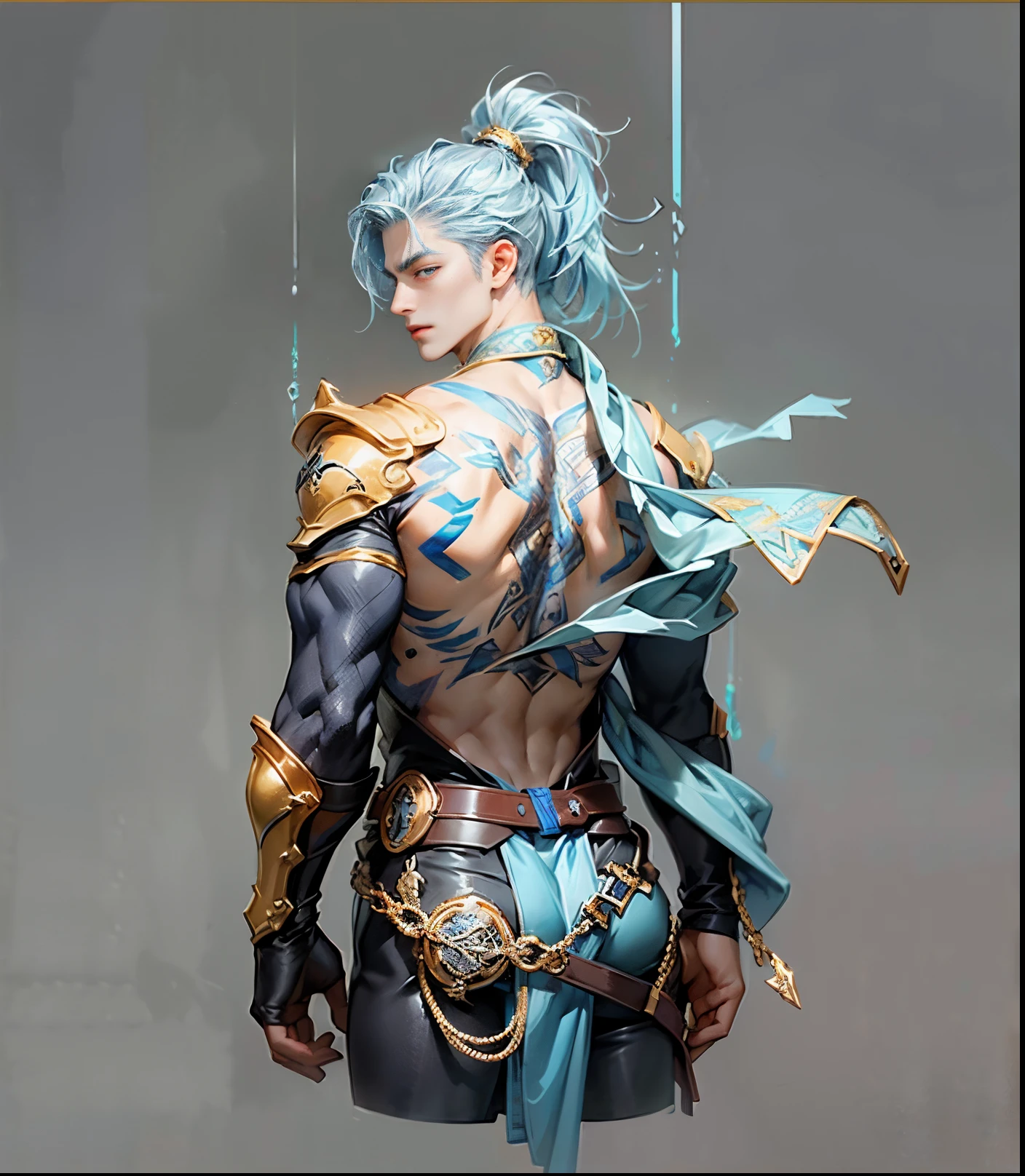 Sculpture design，人物，GK model，male people，（The whole body of the character），Expose muscles，（sexy for），（Exquisite base），The colors are bright，Lots of colors，Handsome cybernetics boy looking at camera lingerie detailed muscular reality masterpiece，Muscular，The back of the character