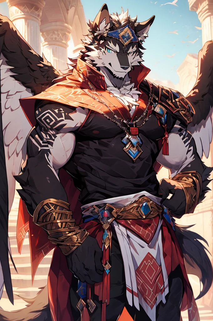 Ultra-clear white wolf,Half-body diagram,the only person ,nakeness, There is a pair of devil horns on the top of the head and above the ears. ,Two pairs of angel wings with black feathers, The wings are large and small, lucid blue eyes, Handsome smile, White cape,white loincloth, Bare pectoral muscles, Wait for someone to fall into your arms ,overcast day, 废墟, Masterpieces of the highest quality ,exquisite detailing,structurally correct