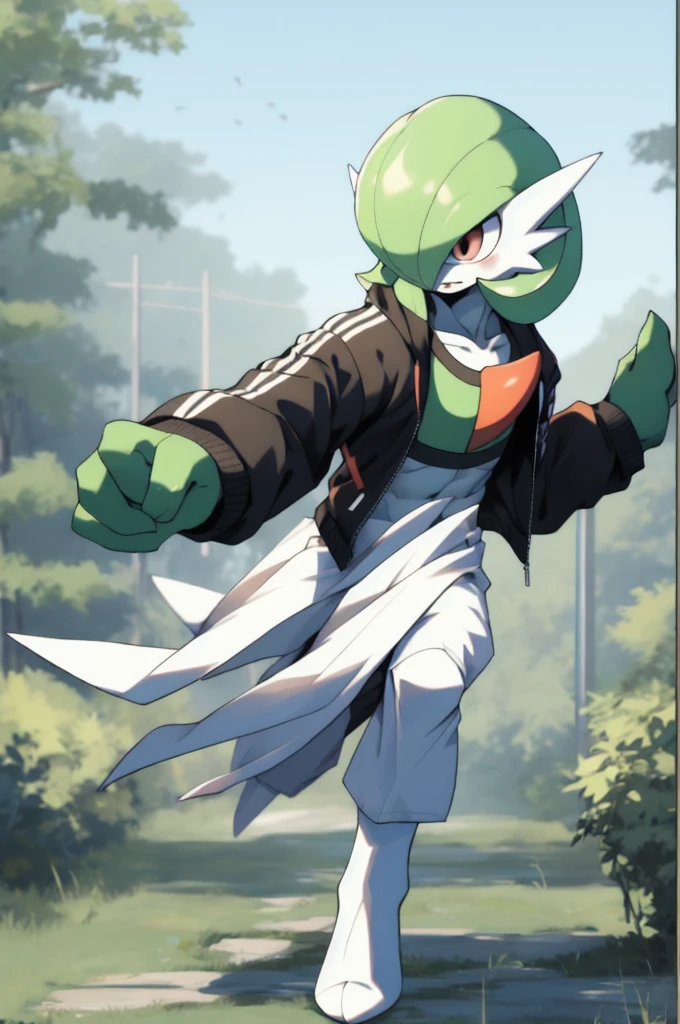 masterpiece, best quality, full body, Solo, male focus, (androgynous), furry, pectorals, pectoral cleavage, muscular, ((Gardevoir)), ((pokemon)), (crop jacket), (tai chi),