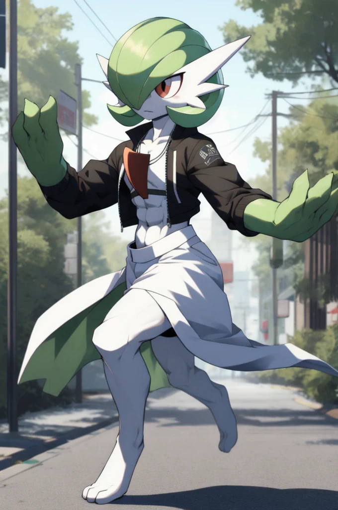 masterpiece, best quality, full body, Solo, male focus, (androgynous), furry, pectorals, pectoral cleavage, muscular, ((Gardevoir)), ((pokemon)), (crop jacket), (tai chi),