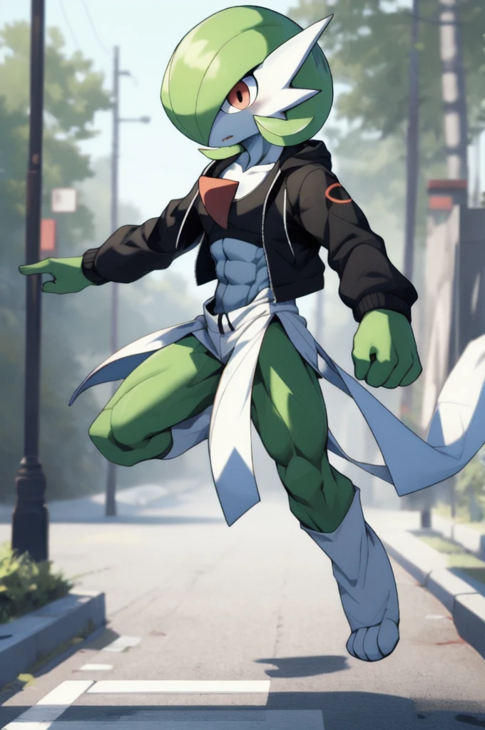 masterpiece, best quality, full body, Solo, male focus, (androgynous), furry, pectorals, pectoral cleavage, muscular, ((Gardevoir)), ((pokemon)), (crop jacket), (tai chi),